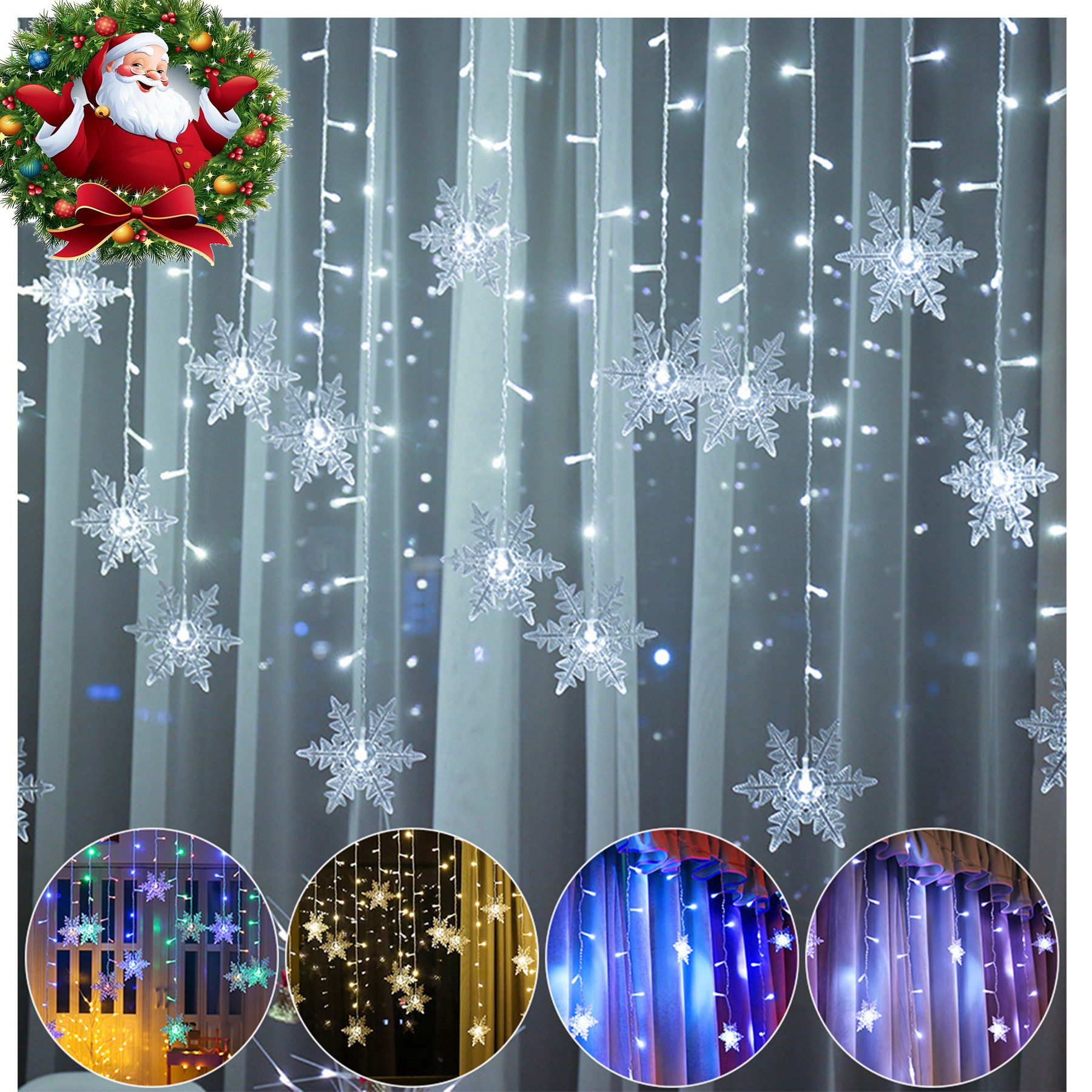 Rosnek LED-Lichtervorhang 12cm Schneeflocke Weihnachtsbeleuchtung, 8 Modi, Timer, anschliessbar, Speicherfunktionen; Wohnzimmer Deko