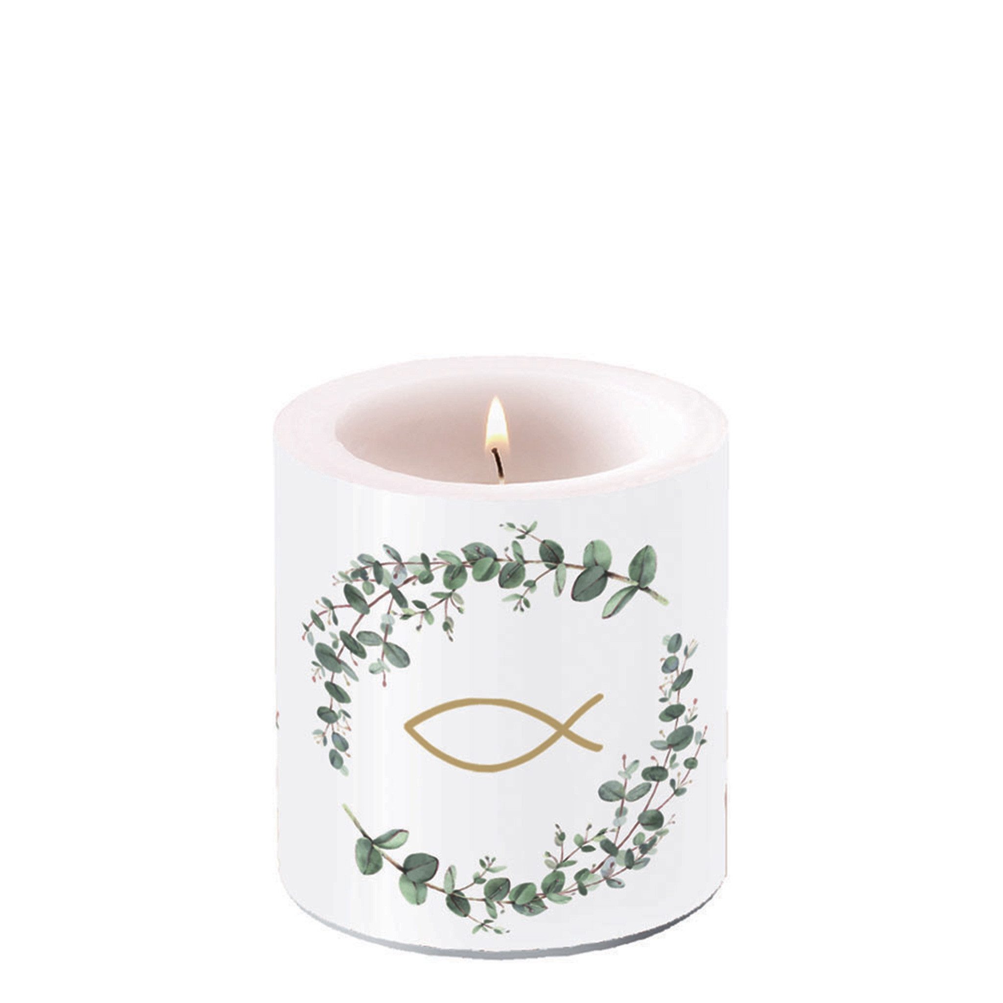 Ambiente Luxury Paper Products Stumpenkerze, Stumpenkerze Paraffin 7,5x9cm mit Kommunion Fisch Motiv Weiß / Grün