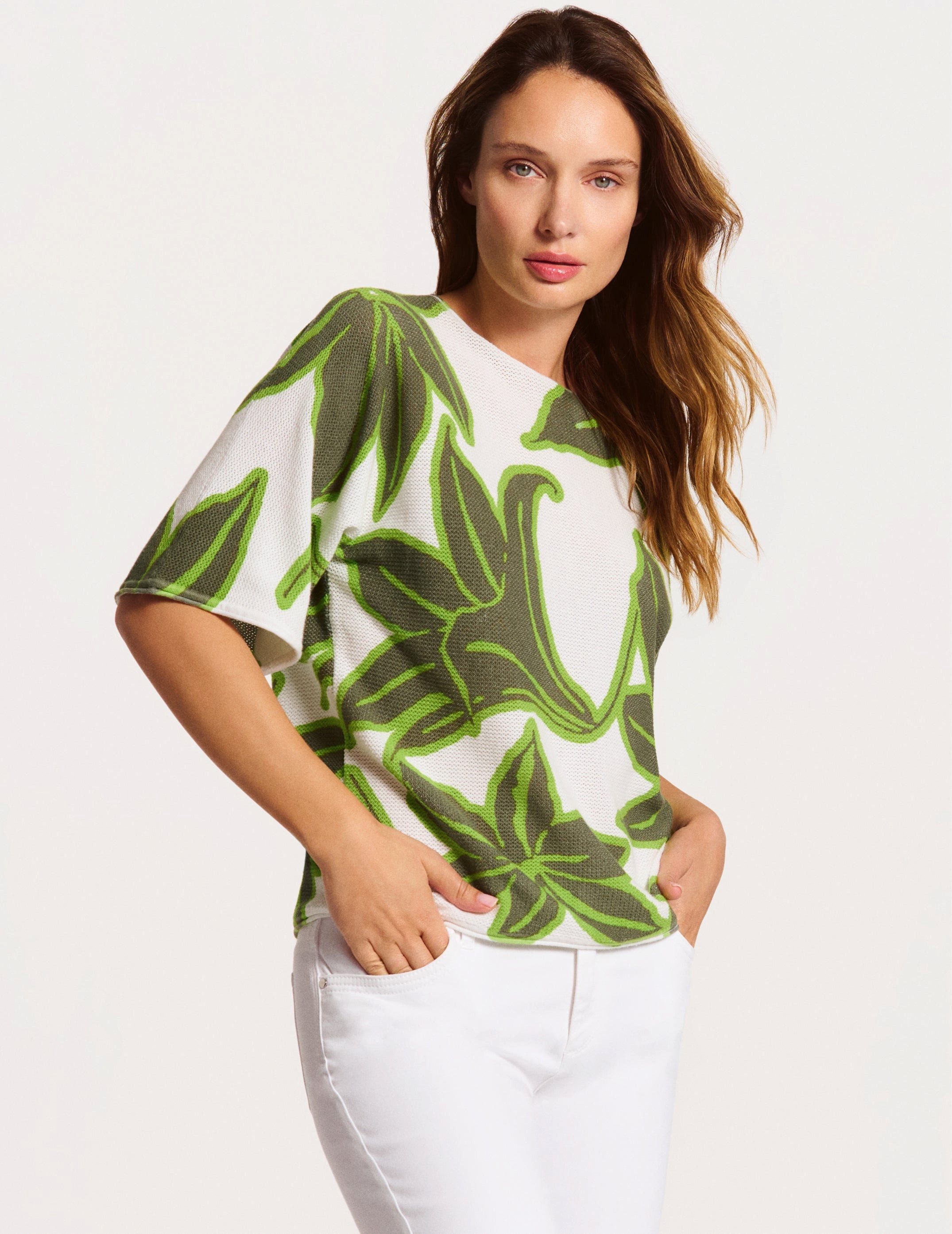 Faber 3/4 Arm-Pullover Pullover mit Botanic Graphic Print und 3/4 Fledermausarm Feinstrick mit floralem Grafikprint