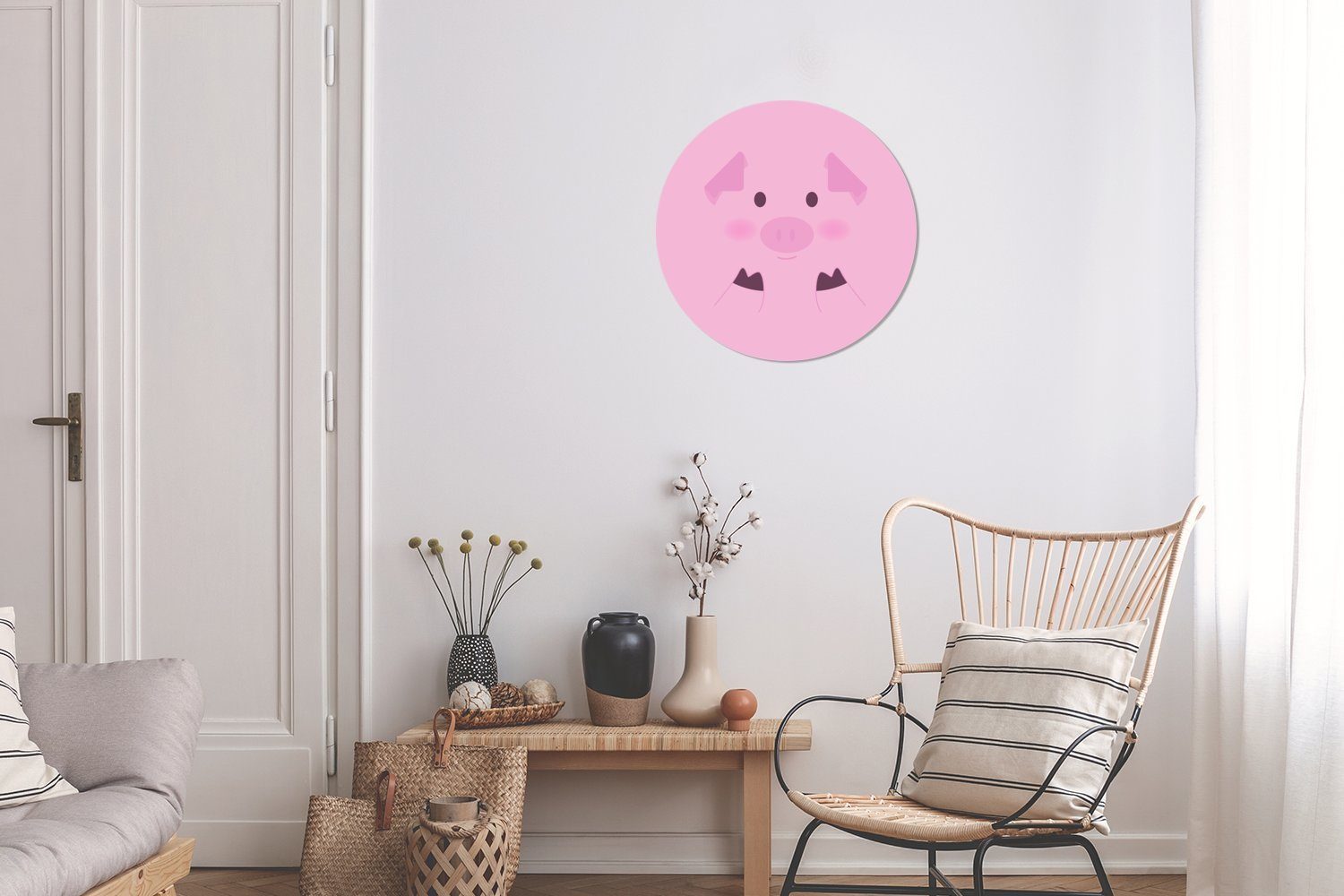 Wohnzimmer St), Tapetenkreis für rosa Tapetenaufkleber, (1 Illustration einem Ferkels Wandsticker auf eines rosa Rund, MuchoWow Eine Kinderzimmer, Hintergrund