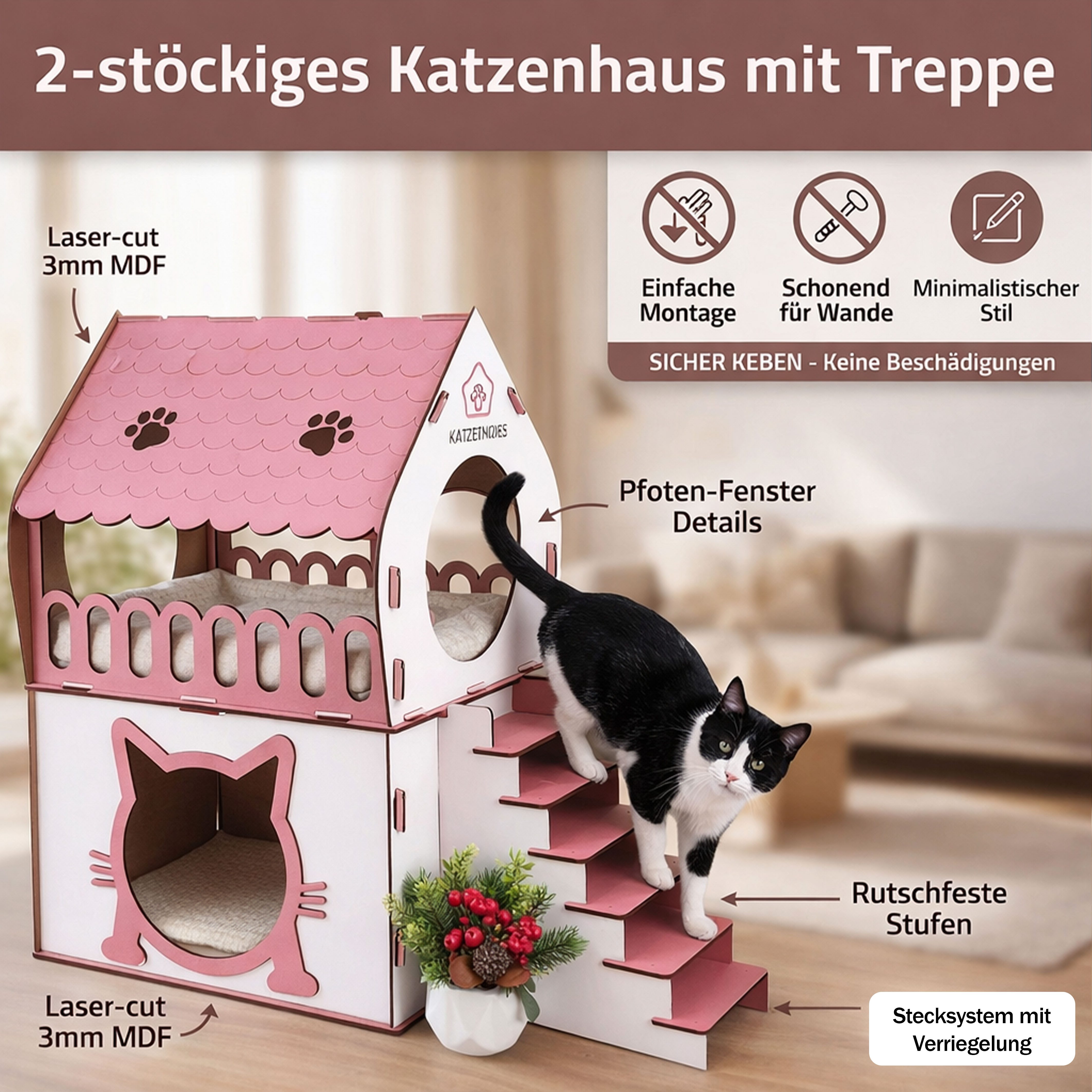 Jungengel Tierhaus XL Katzenhütte Katzenhaus Rosa Pink Holz Katzenhöhle Katzenbett, XL 65×70×30 cm, Einfache Montage mit Anleitung, Robust & Hingucker!
