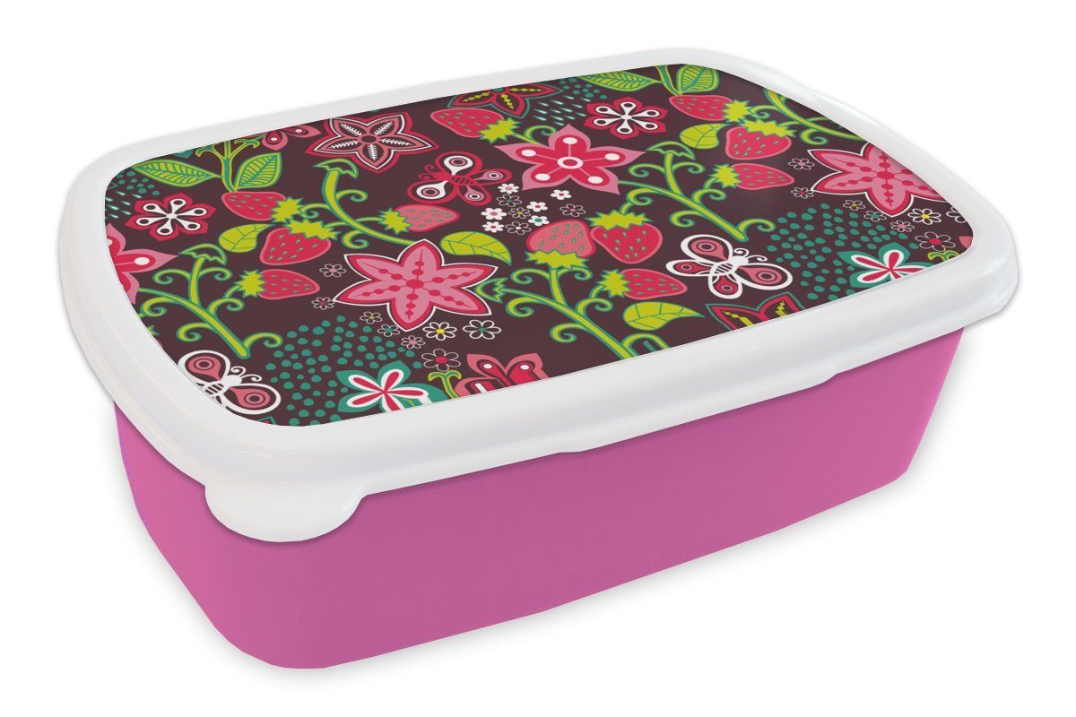 MuchoWow Lunchbox Mädchen - Obst - Blumen - Muster - Mädchen - Kinder - Kind - Kind, Kunststoff, (2-tlg), Brotbox für Erwachsene, Brotdose Kinder, Snackbox, Mädchen, Kunststoff rosa