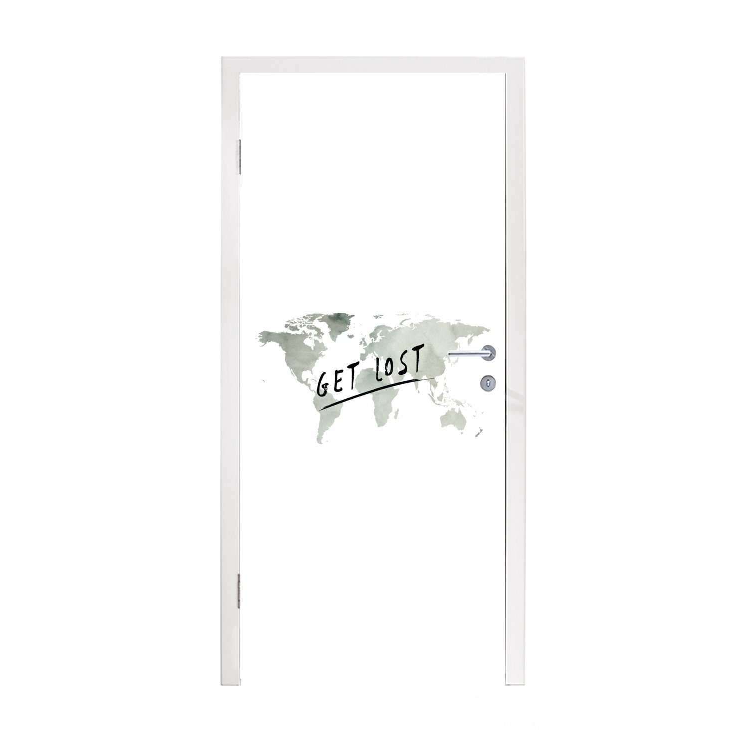 MuchoWow Türtapete Weltkarte - Grau - Zitat, Matt, bedruckt, (1 St), Fototapete für Tür, Türaufkleber, 75x205 cm