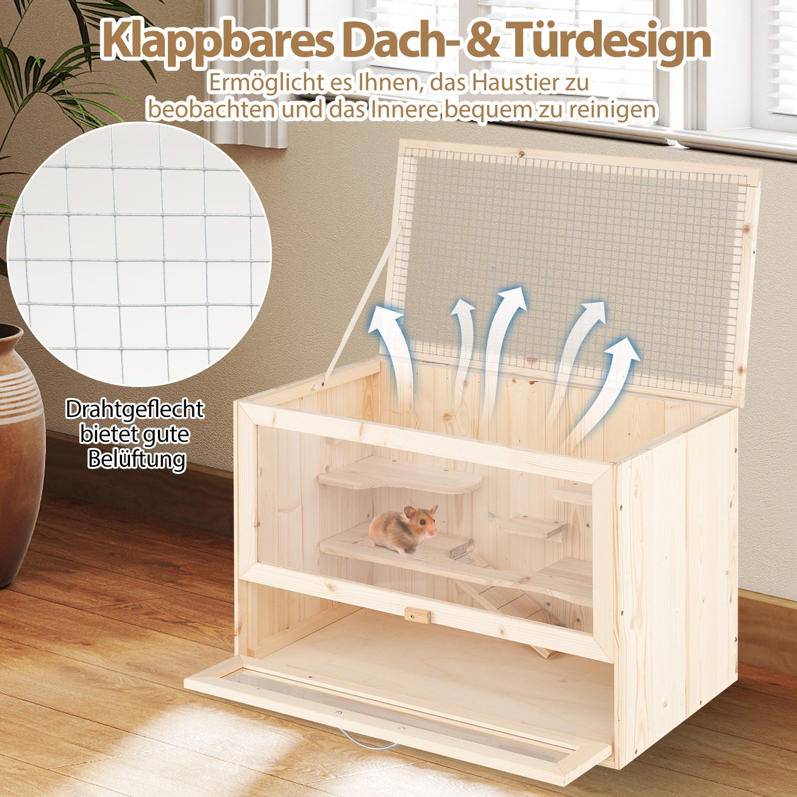 COSTWAY Kleintierkäfig, Nagerkäfig, mit Klappdeckel, Leiter, Tür