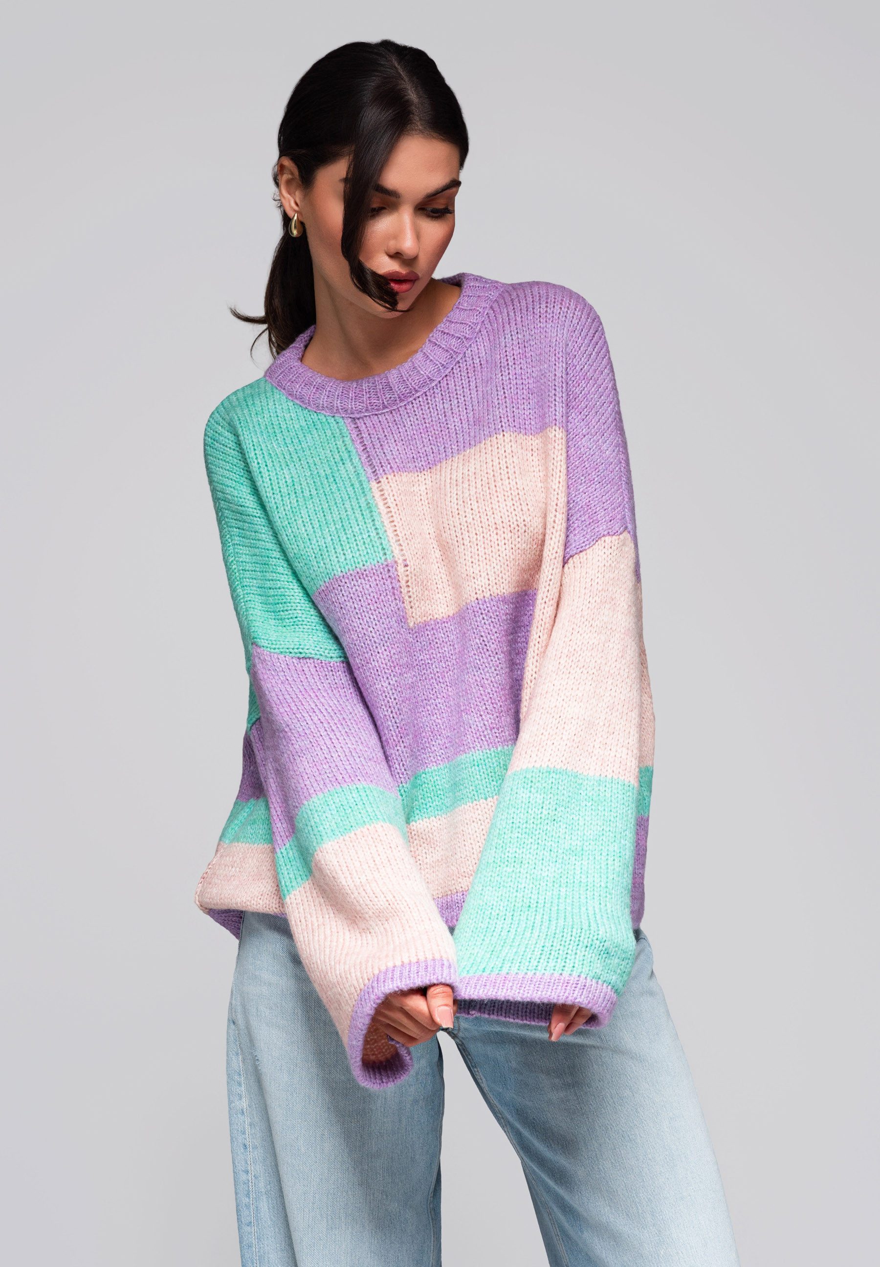 OMBRE Rundhalspullover Farbblock-Pullover mit Pastelltönen