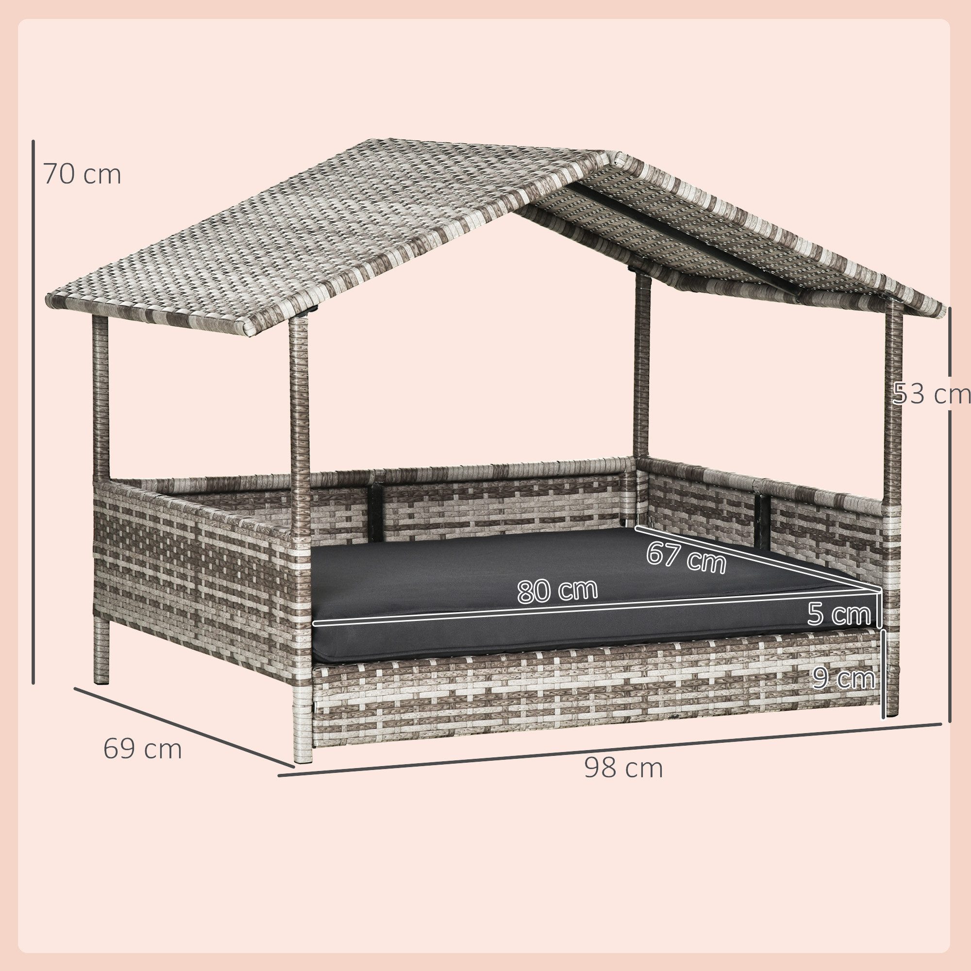 PawHut Hundehütte Rattan Hundehaus mit Kissen, Hundebett im Hausform, für kleine, mittlere Hunde, Grau