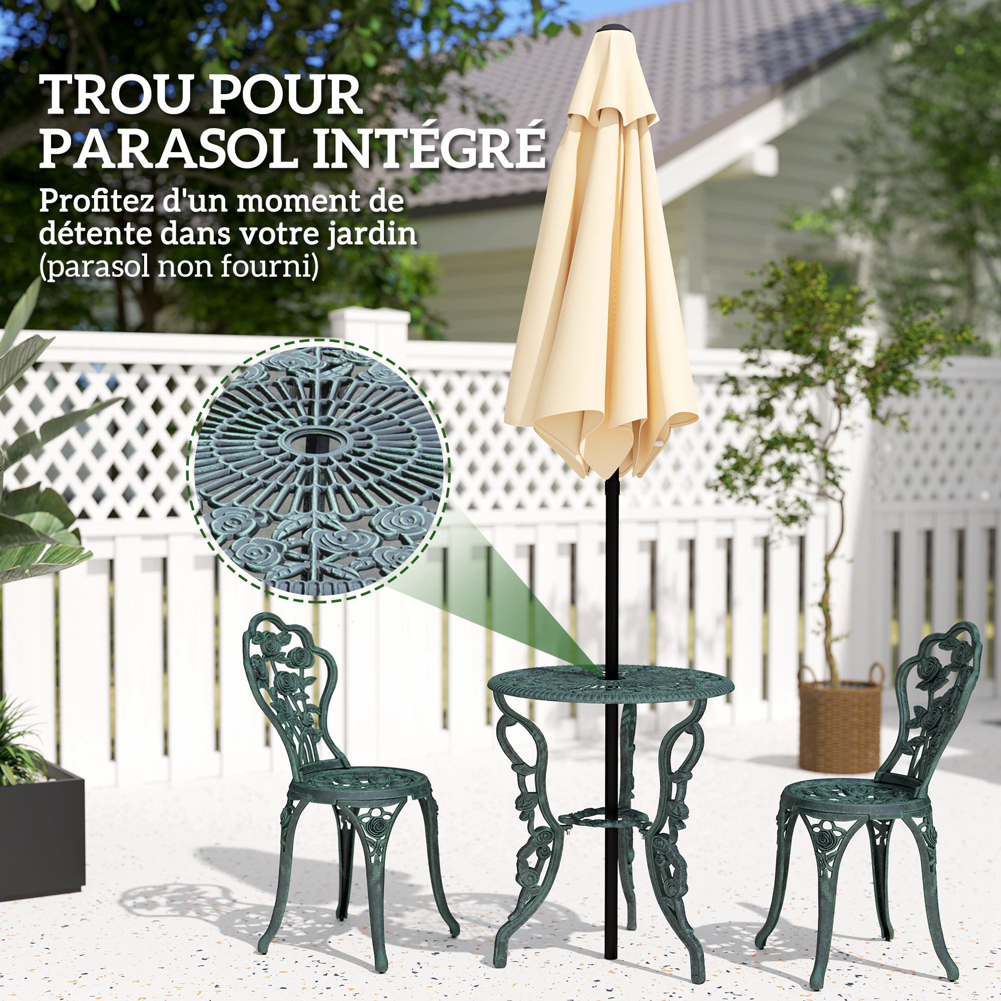 kowdom Garten-Essgruppe Bistro Set 3-teilig mit Schirmloch, Gussaluminium, 2 Stühle, grün, (Bistro Set, 3-teiliges Bistro Set mit Sonnenschirm-Loch), Bistro Set, mit Schirmloch, Gussaluminium, rostfrei