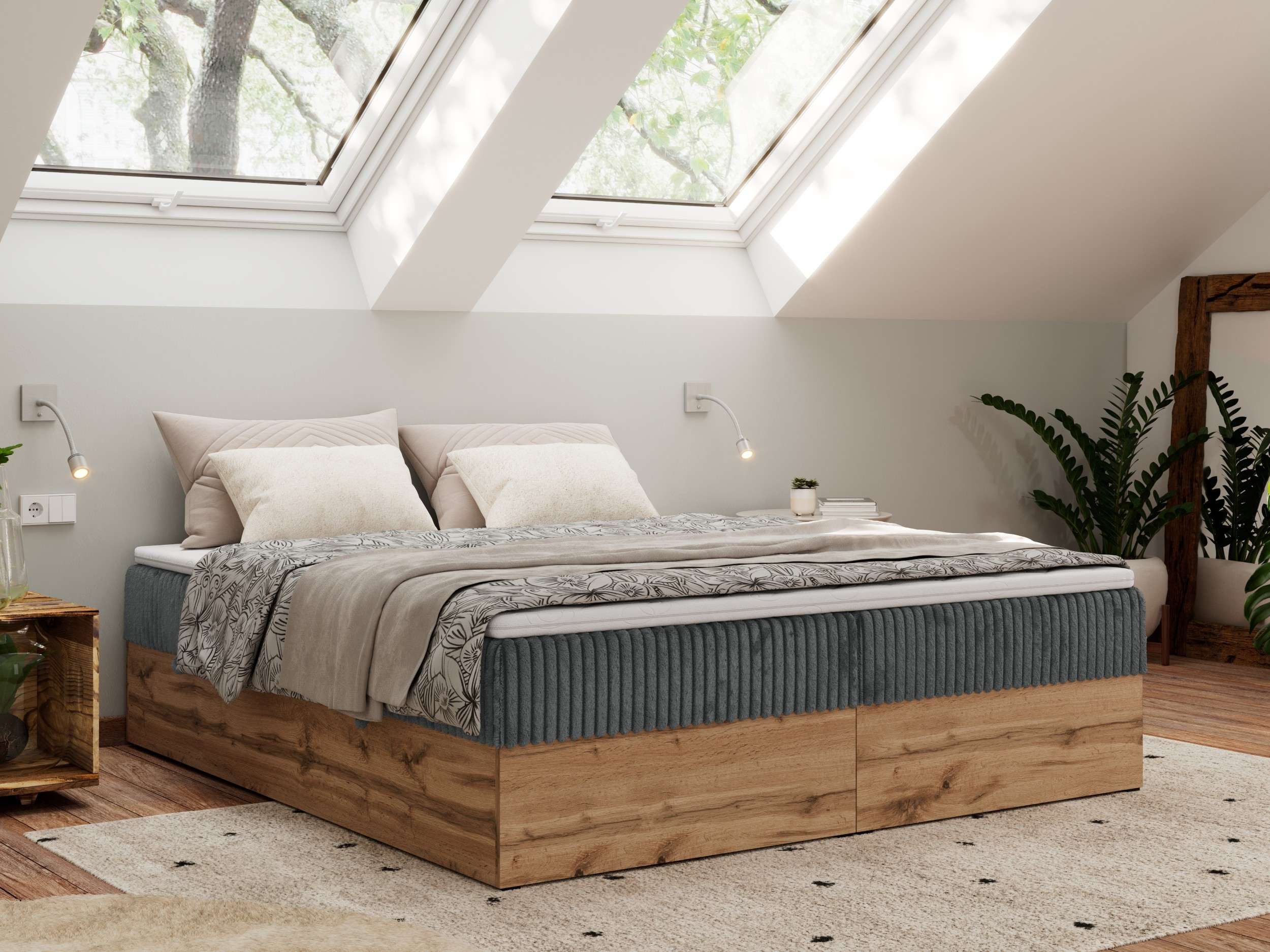 MKS MÖBEL Boxspringbett WOOD ZERO (Set, Bett, Polsterbett mit integrierten Matratzen, 2 Bettkästen, H3/H4), Topper T25 oder Visco optional, ohne Kopfteil