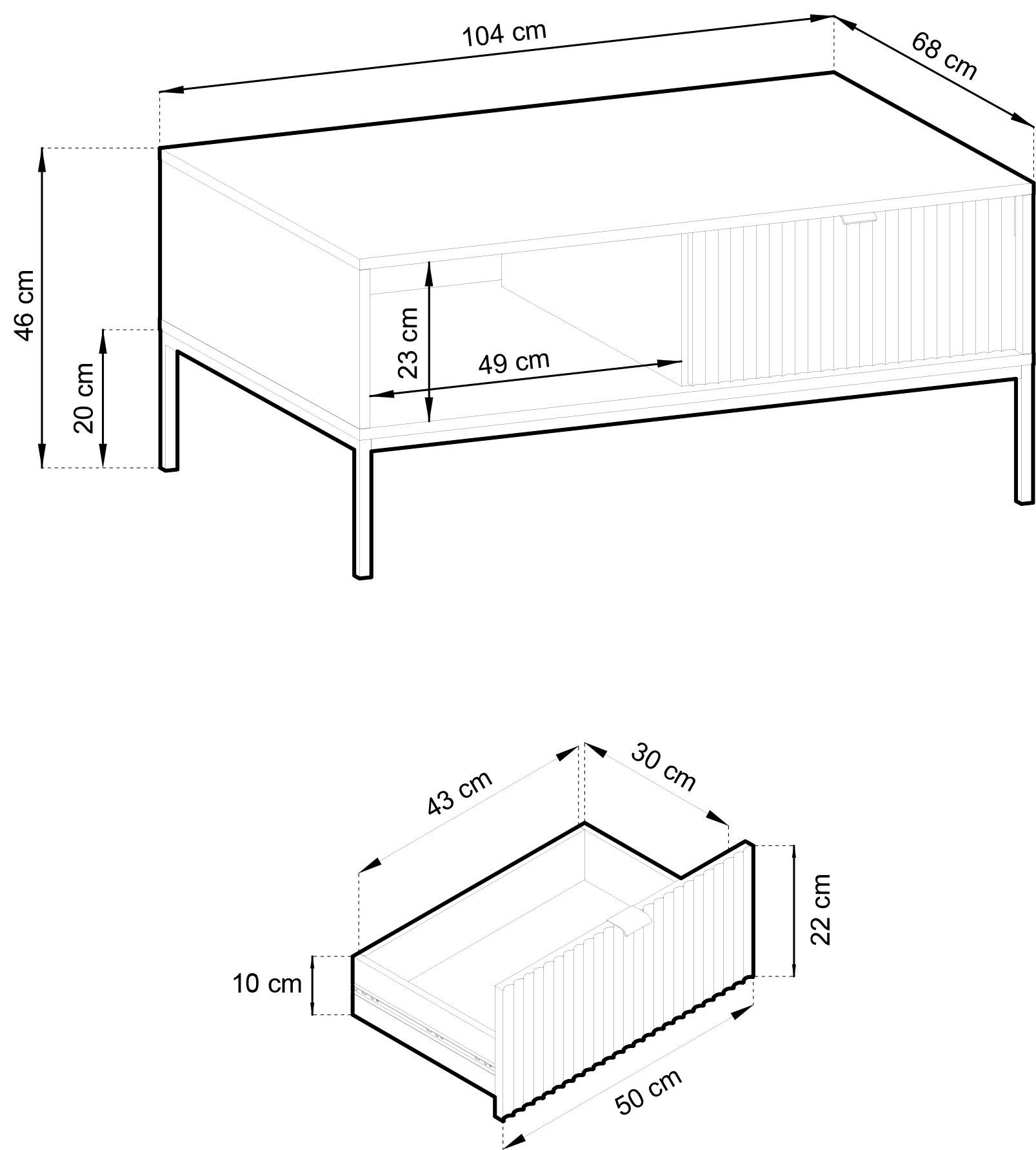 Couchtisch Schwarz 104cm, Metallgestell, Fronten, gefräste Lazise, goldfarbener Domando Breite Griff Couchtisch Matt