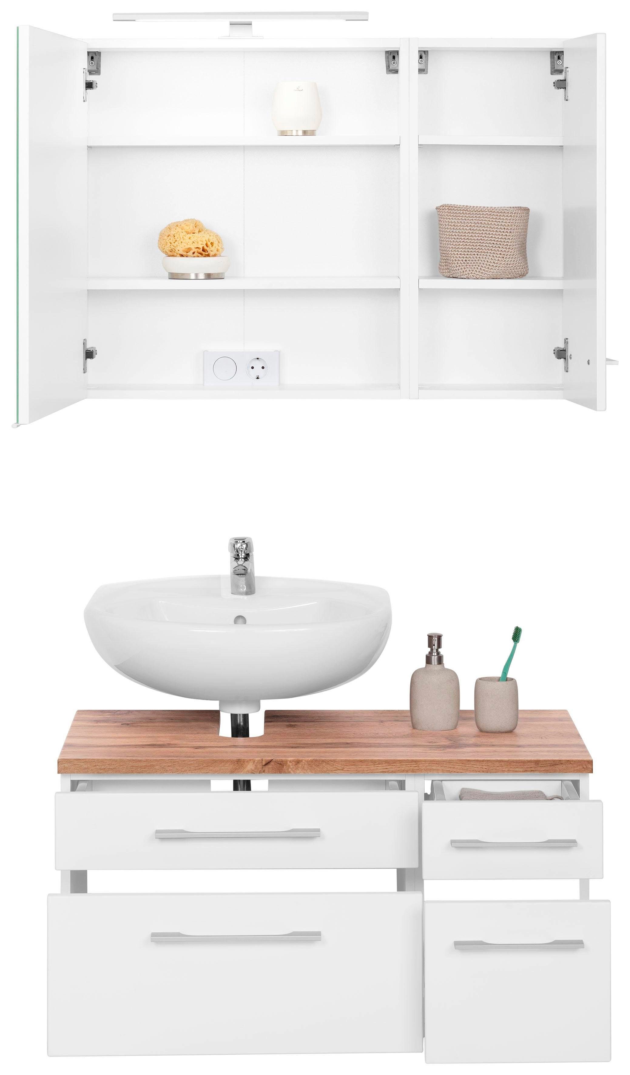 welltime Badmöbel-Set Davos, (3-St), mit LED-Beleuchtung, Hängeschrank und Waschbeckenunterschrank