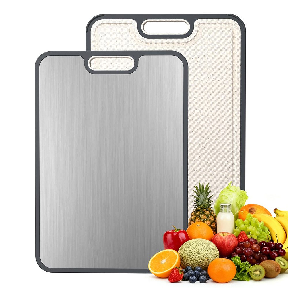 Agger Käsebrett Titan/304 Edelstahl Schneidebrett,beidseitig verwendbares, 304 Edelstahl, Edelstahl Weizenstroh,Schneidebrett,Brett für die Küche,38.5x26.5cm