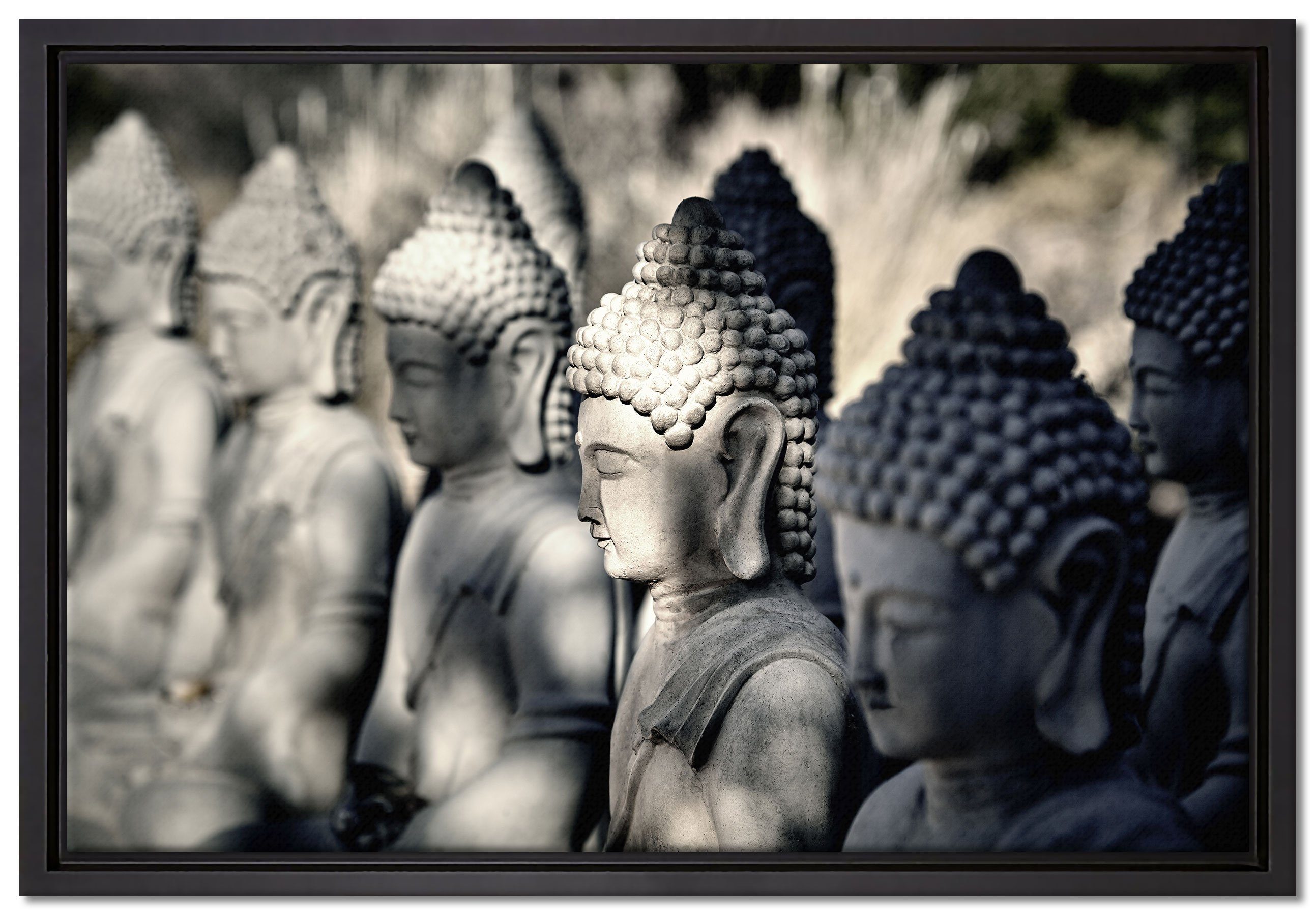 Pixxprint Leinwandbild Buddha-Statuen in einer Reihe, Wanddekoration (1 St), Leinwandbild fertig bespannt, in einem Schattenfugen-Bilderrahmen gefasst, inkl. Zackenaufhänger