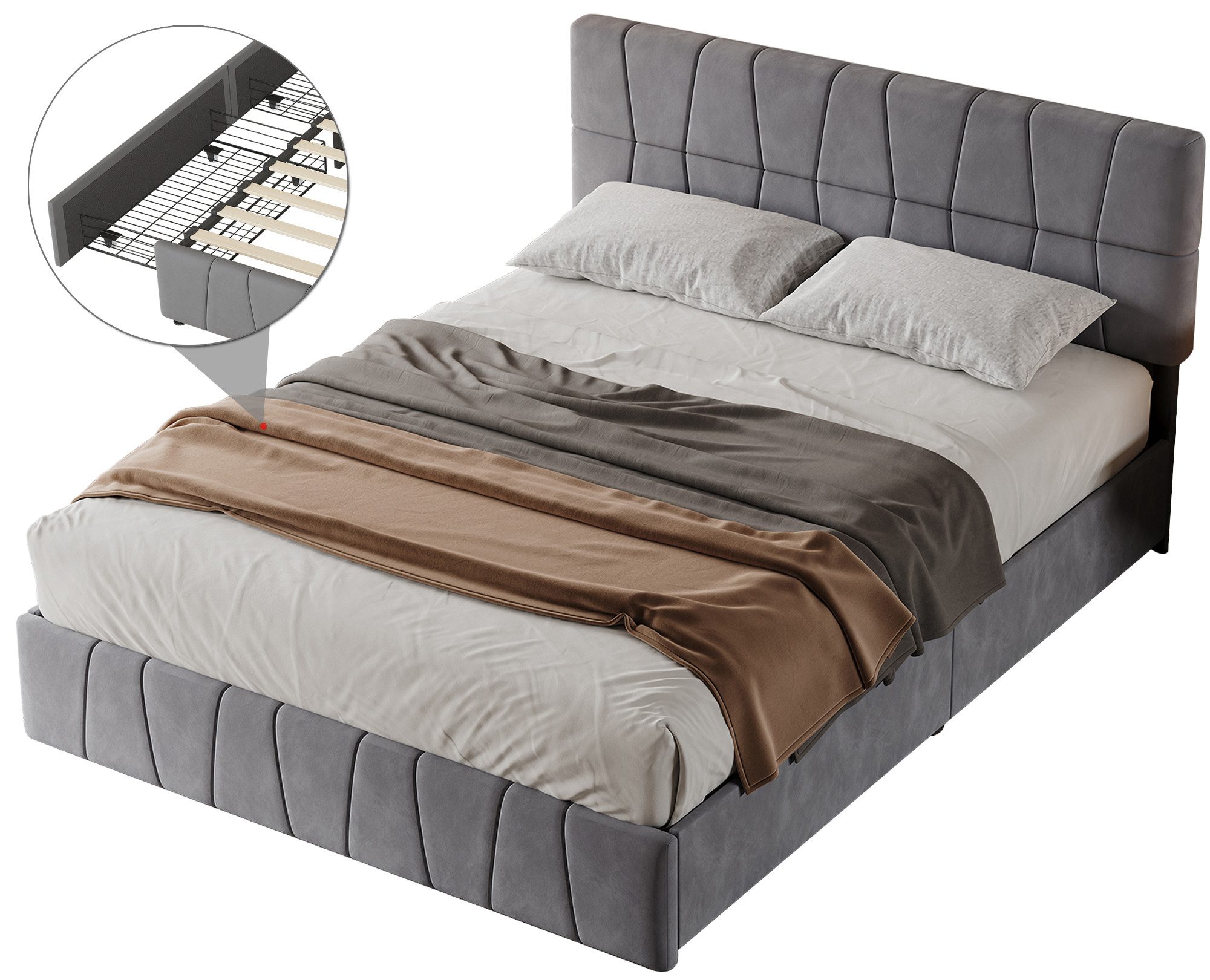FUROKOY Polsterbett Doppelbett Stauraumbett mit 4 Schubladen Samtstoff Grau günstig online kaufen