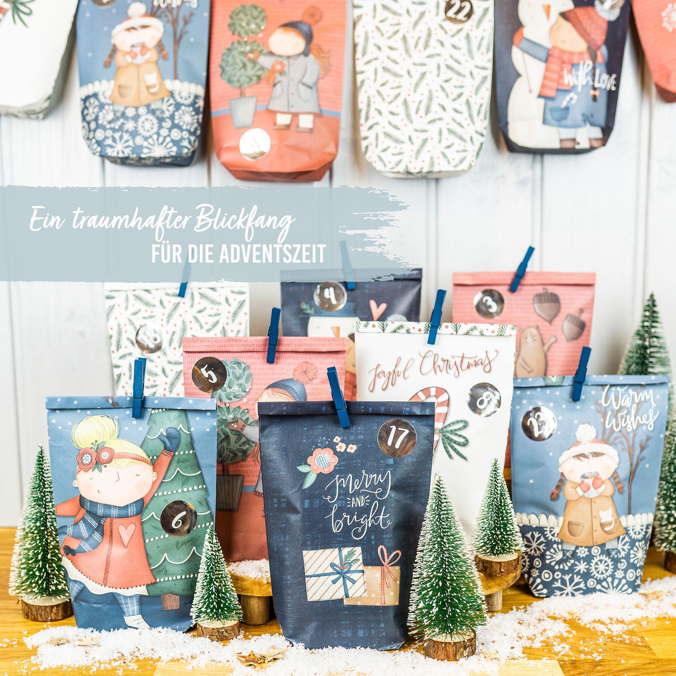 PAPIERDRACHEN befüllbarer Adventskalender Adventskalender mit bedruckten Tüten, Adventskalender zum selber befüllen