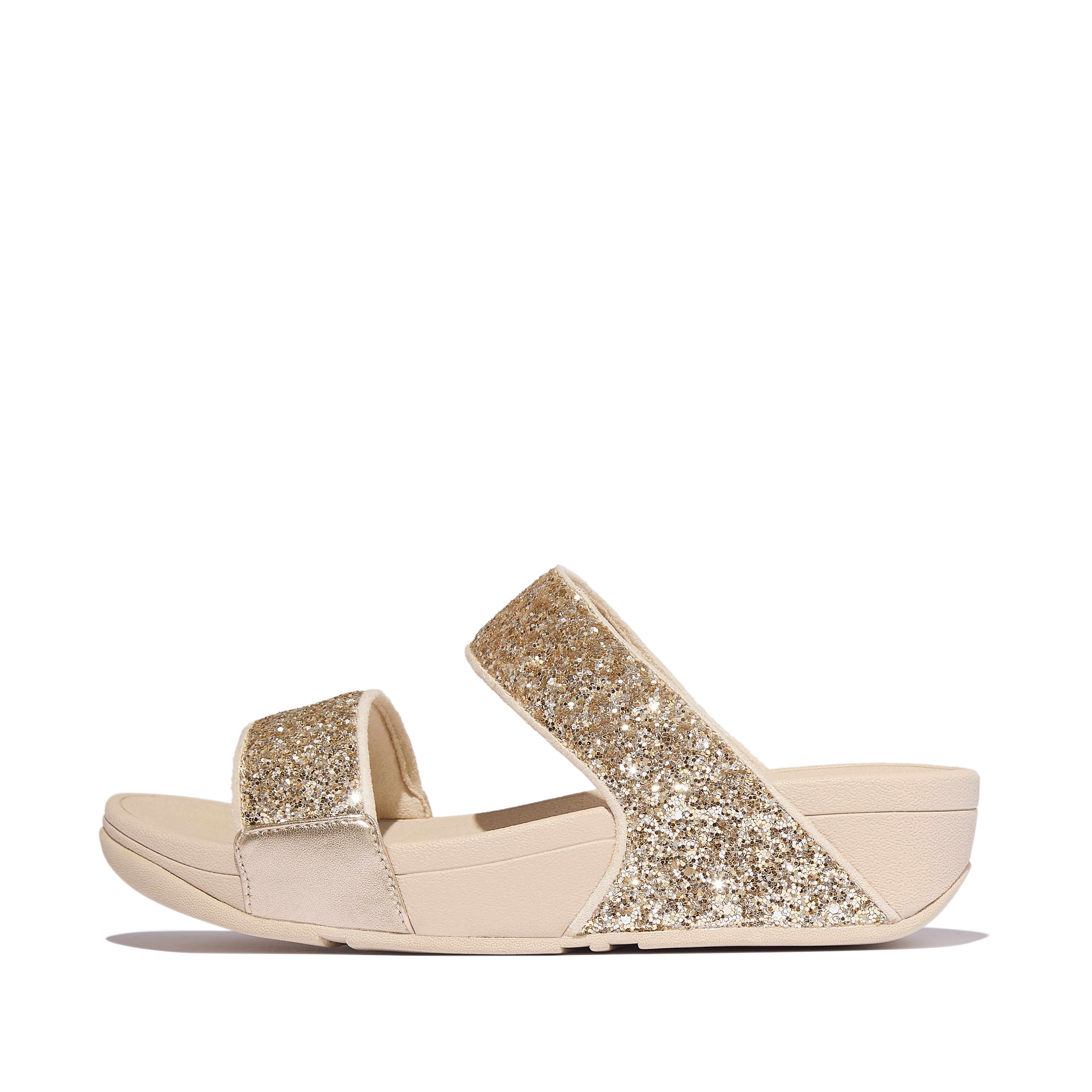 Fitflop LULU MULTI-TONAL GLITTER SLIDES Pantolette Keilabsatz, Sommerschuh, Schlupfschuh mit Glitzer besetzt