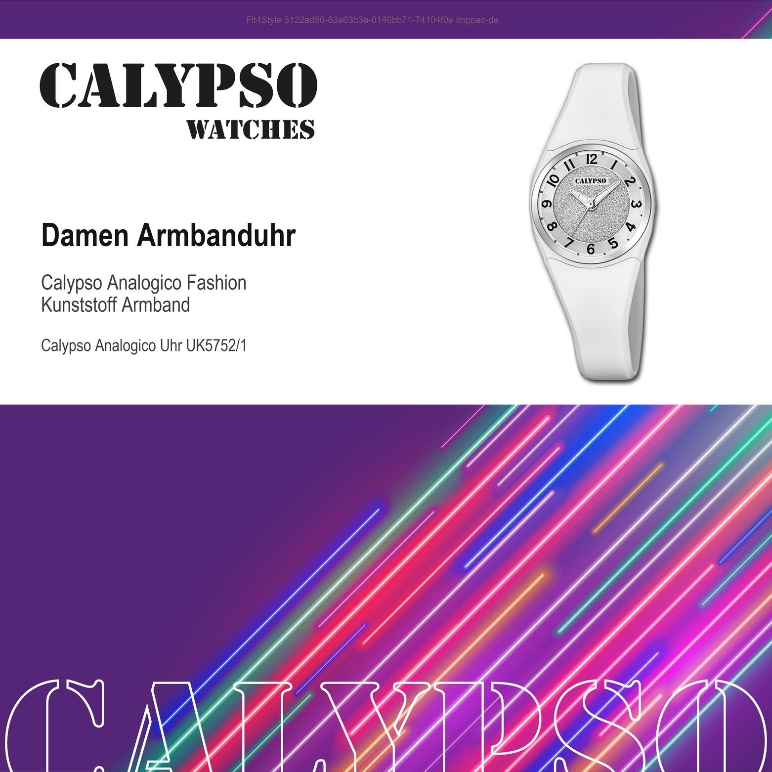 PU, Damen CALYPSO Calypso Uhr rund, Fashion Kunststoff Armbanduhr weiß, WATCHES Quarzuhr K5752/1 PUarmband Damen Kunststoff,