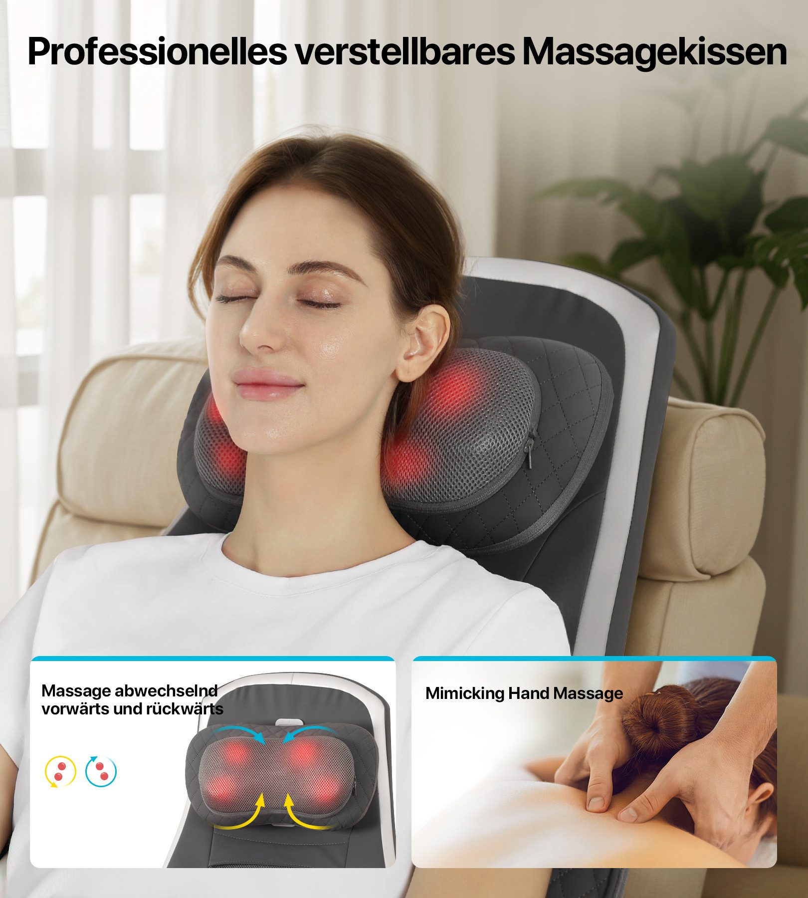 ALLJOY Massagesitzauflage Shiatsu‑Massagesitzauflage,Massage‑Sitzkissen,Rücken‑Massageauflage, Wärmefunktion, Abnehmbarer waschbarer Bezug,Intensitätsregulierun – Bild 4 von 5