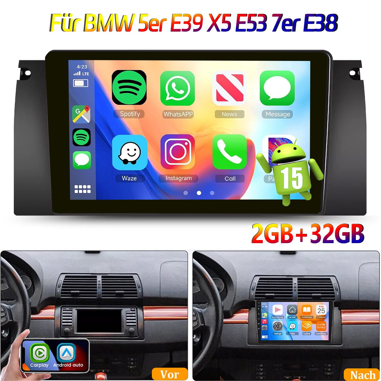 ESSGOO DAB+ Für BMW 5ER E39 X5 E53 E38 Carplay GPS NAVI Android 15 Carplay Autoradio (RDS, 4+64GB(optional), FM, DAB+ (optional), SWC, Carplay Android Auto Bluetooth EQ USB GPS Navi WIFI Touchscreen)