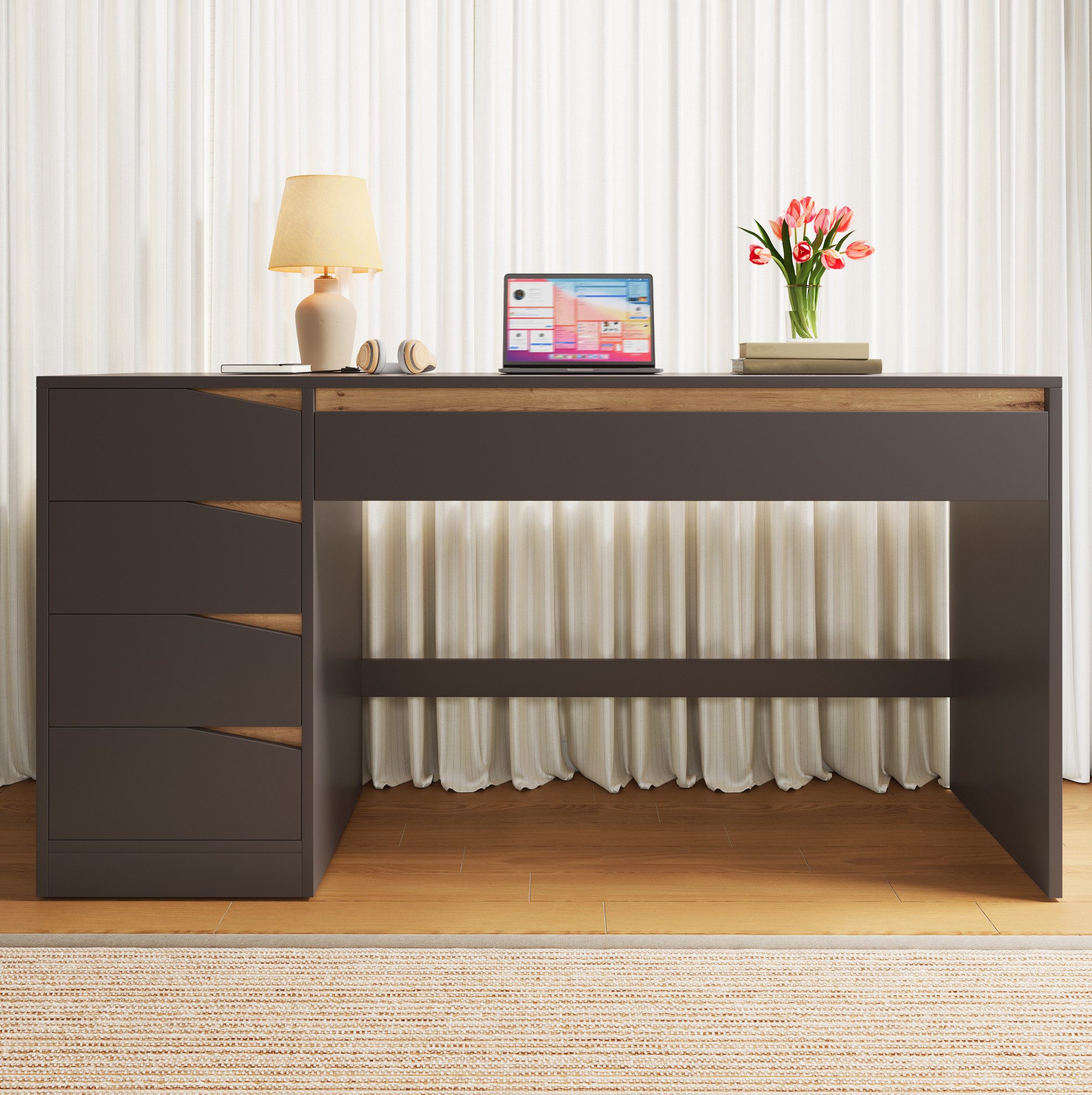 OKWISH Schreibtisch Arbeitstisch mit 5 Schubladen & großer Fläche (Packung, 1-St., Grau+Eiche, 140×50×78 cm, für Homeoffice & Schlafzimmer), MDF, stabil, asymmetrisches Design