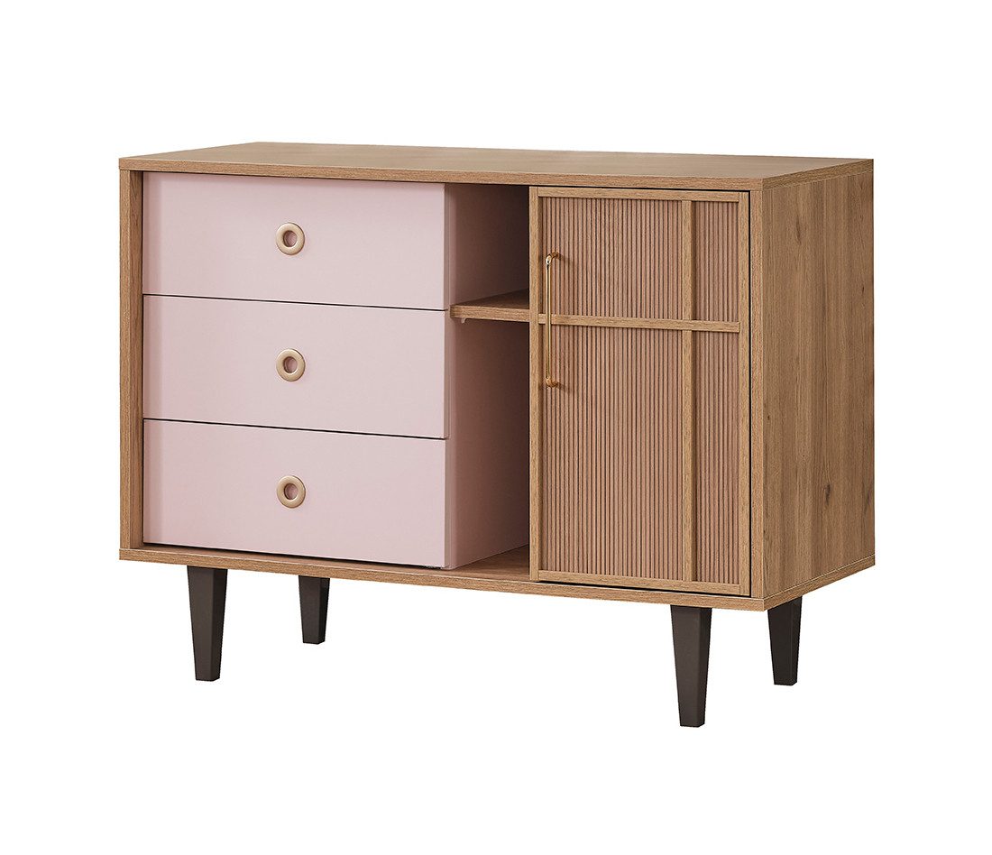 Möbel-Zeit Kommode ALICE – Romantisches Design – 3 Schubladen in Rosa & Tür in Holzoptik