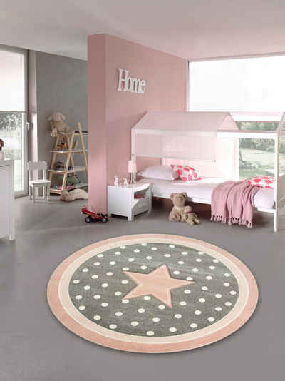 Kinderteppich Kinderteppich Spielteppich rund mit Stern in Rosa Grau Weiss, Teppich-Traum, Rund, Höhe: 13 mm