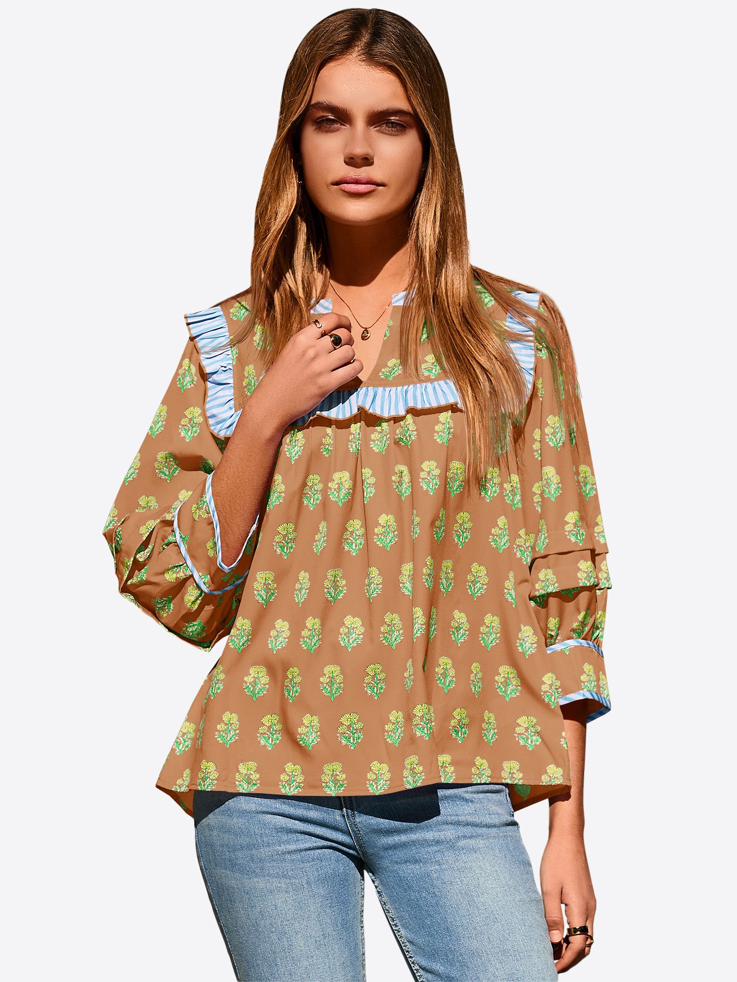 Imily Bela Blusenshirt Damen Puppenkragen Print Hemd (Packung, 1-tlg., 1per-Pack) mit V-Ausschnitt