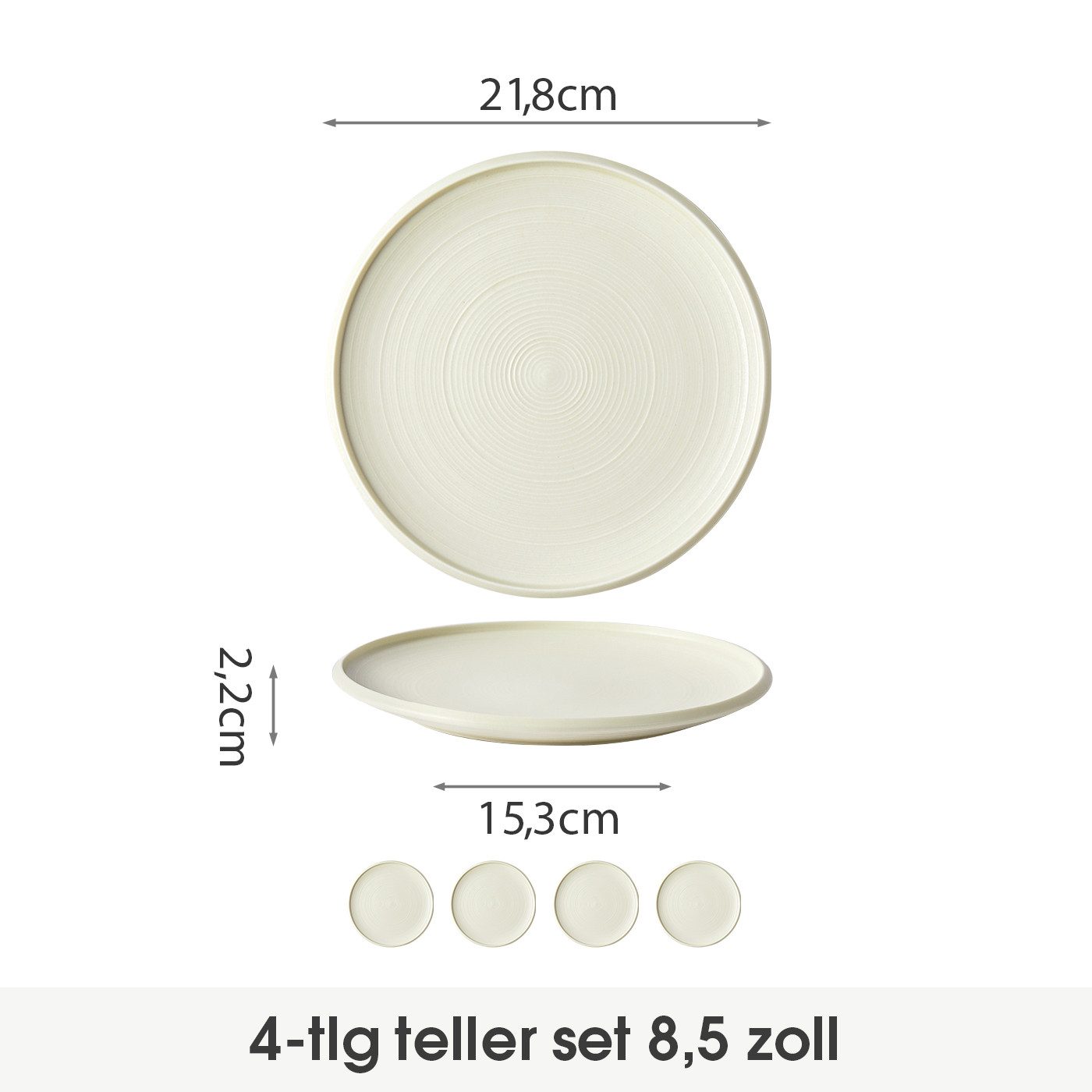 JIWOO Speiseteller 4er Ø21,8cm, Frühstücksteller Pastateller Teller Brotteller Plate, (4 St), Hochwertiges Tellerset Weiß Mikrowellenofen Spülmaschine Ø 21,8cm