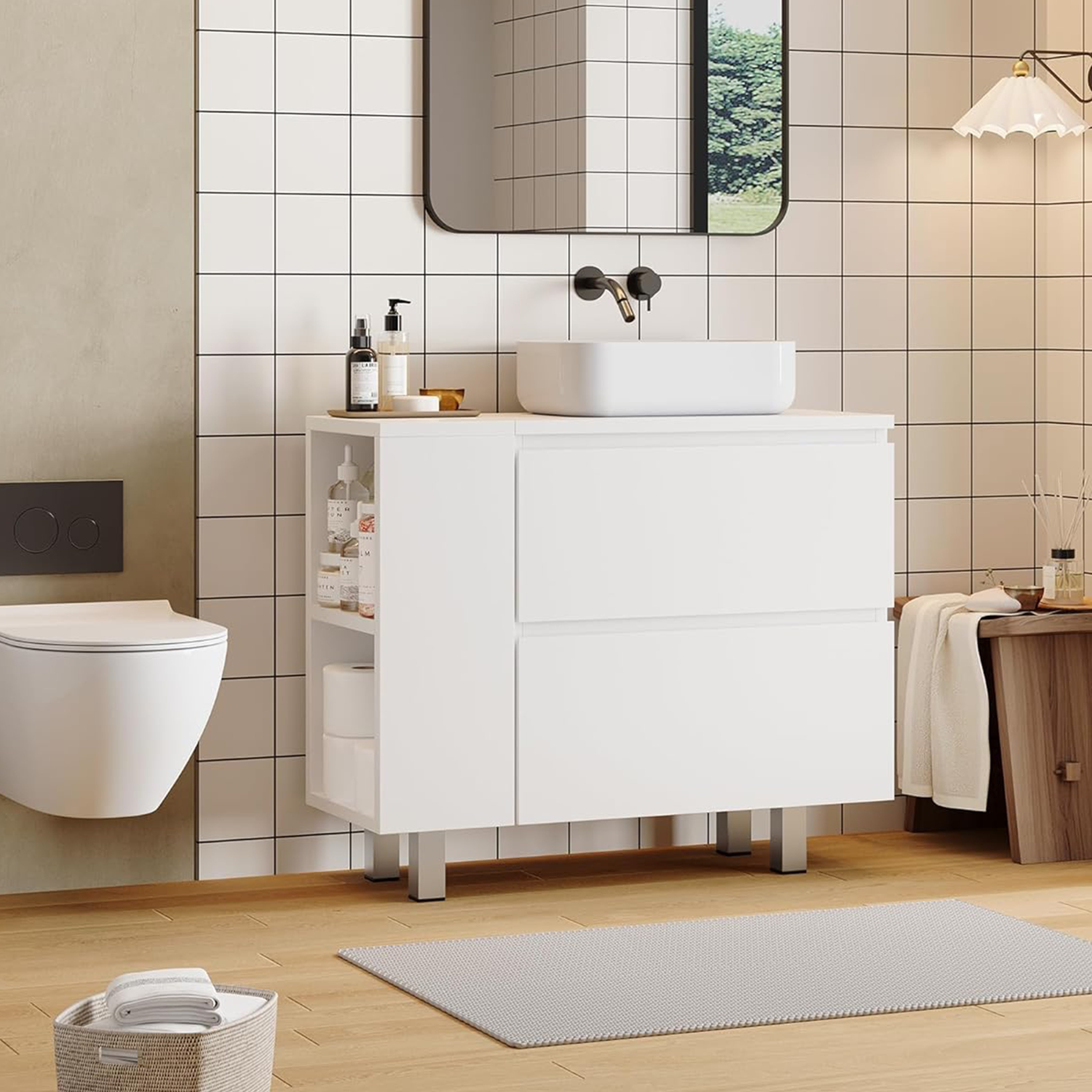 MSMASK Waschbeckenunterschrank Badezimmerschrank mit 2 großen Schubladen,80 x 30 x 66cm (1-St) Transformierbarer Unterschrank, Verstellbare Ablage, Viel Stauraum