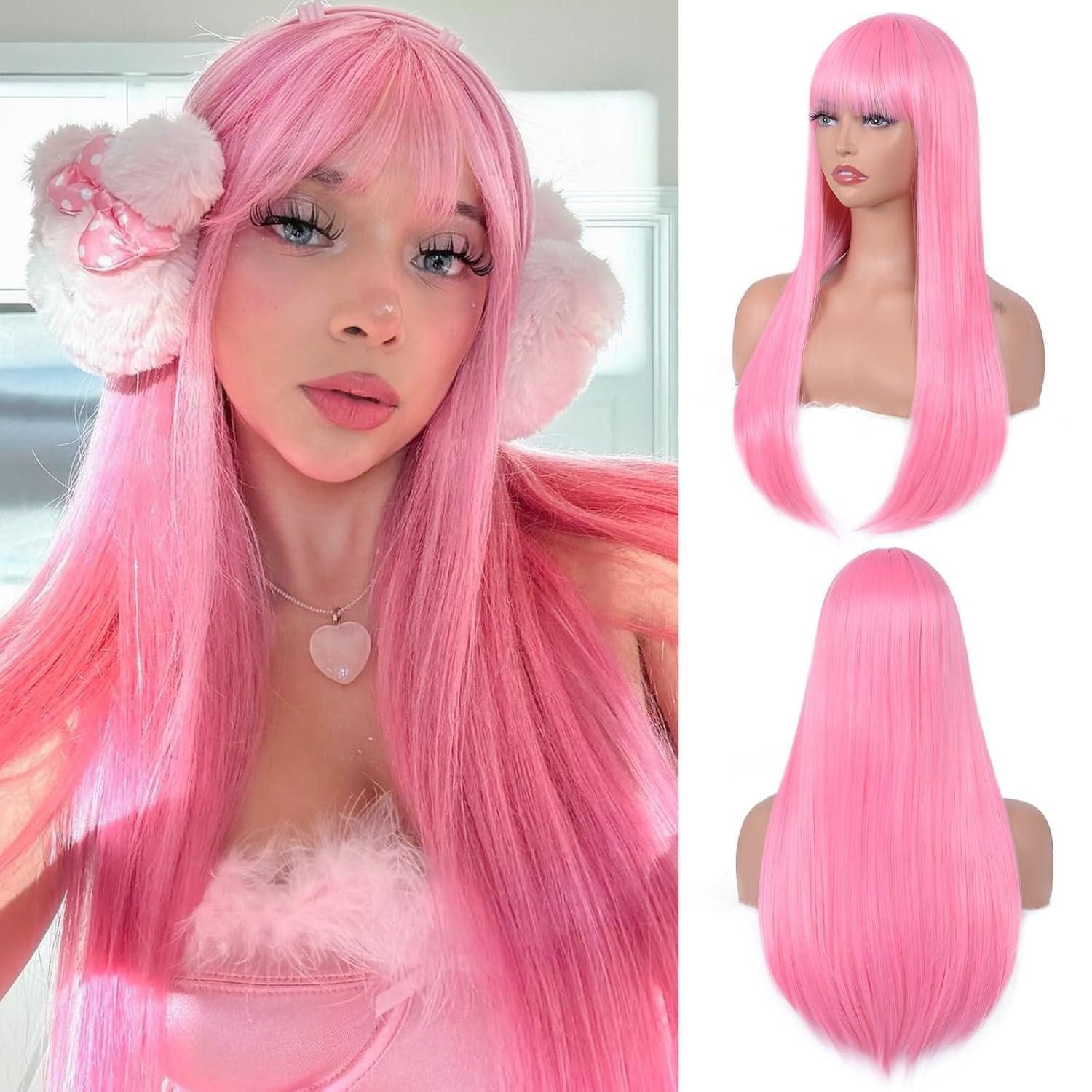 LuxusKollektion Kunsthaarperücke Perücke Pony Damen Kunsthaar Cosplay Party 56 cm 22 Zoll Rosa Lang