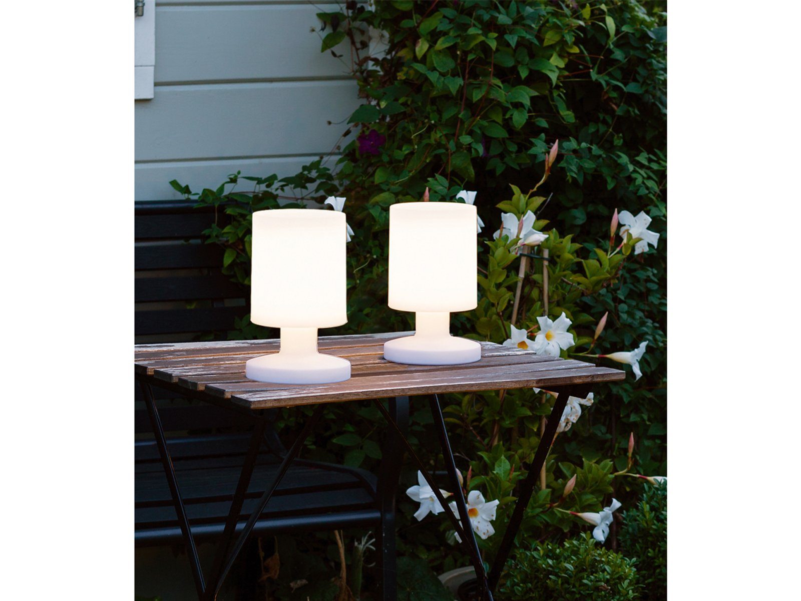 Reality Leuchten LED Außen-Tischleuchte, LED fest integriert, Warmweiß, 2er Set ohne Kabel batterie-betrieben per USB aufladbar Outdoor H 20cm