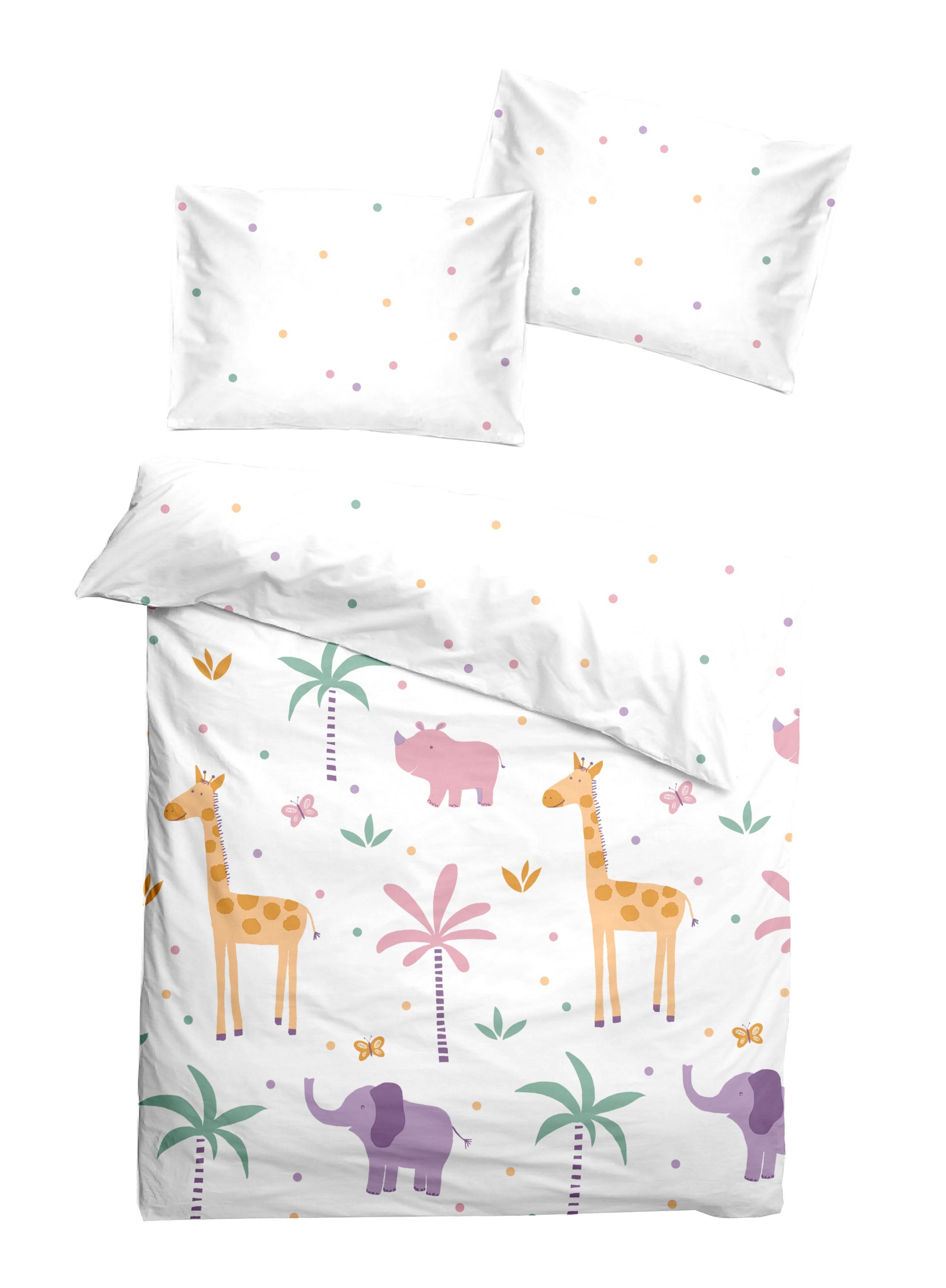 soma Babybettwäsche Renforcé Baby Wende-Bettwäsche 100x135 cm – Safari weiß / Punkte bunt, Renforcé, 2 teilig, Safari-Motiv aus reiner Baumwolle warme winter weihnachtsbettwäsche
