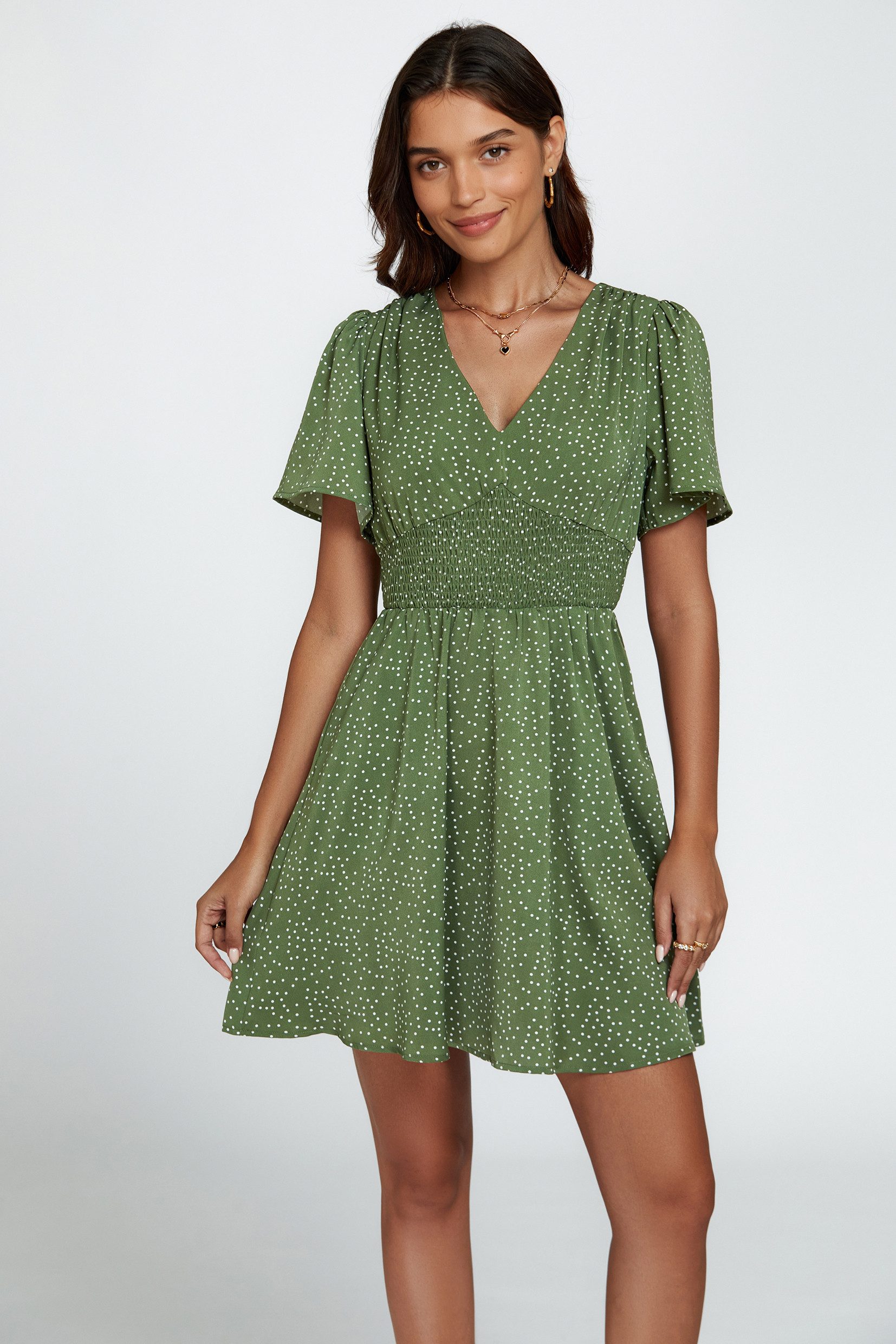 FS Collection Minikleid Damen Minikleid Sommerkleid Freizeitkleid Kurzkleid V-Ausschnitt (XS (EU:36 / UK:8) · S (EU:38 / UK:10) · M (EU:40 / UK:12) · L (EU:42 / UK:14) · XL (EU:44 / UK:16) Gesmokte Taille mit femininem Printdesign