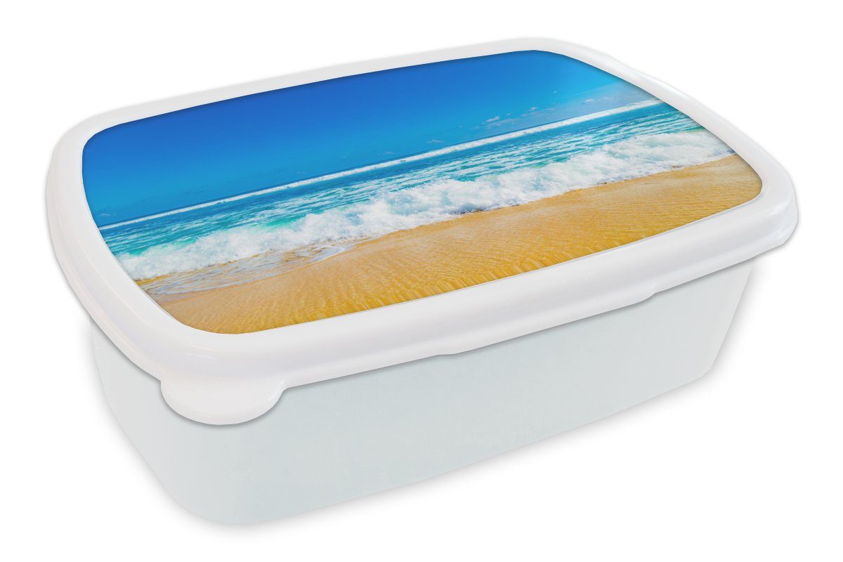 MuchoWow Lunchbox Strand - Meer - Blau, Kunststoff, (2-tlg), Brotbox für Kinder und Erwachsene, Brotdose, für Jungs und Mädchen weiß
