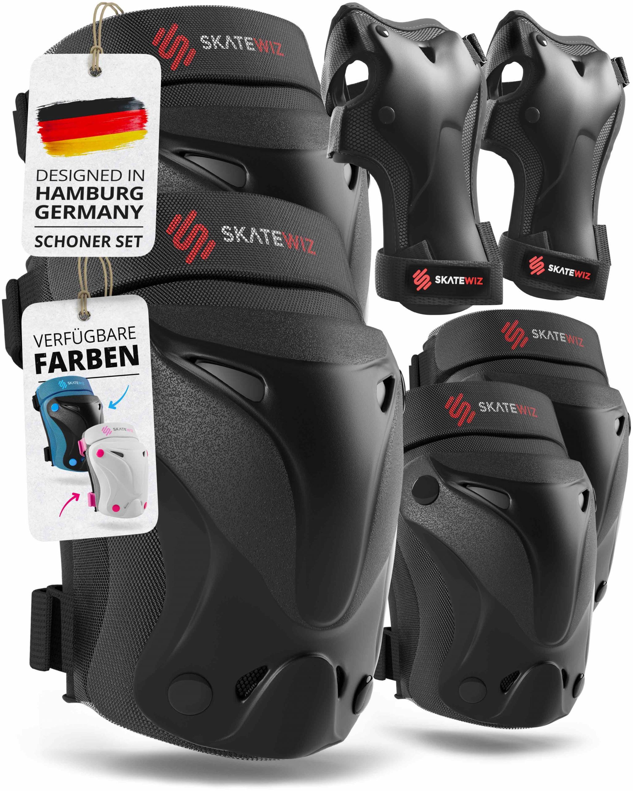 SKATEWIZ Protektoren-Set Schützer Skateboard ab 8 Jahre Protektoren Kinder und Erwachsene (Inline Skate Schonerset, 6-tlg., Knieschoner Geschenke für Kinder - Inliner Schoner), Inline Skate, Skateboard & Schlittschuhe Schoner
