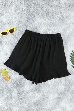 AFAZ New Trading UG Shorts Damen-Dreiviertel Shorts mit Rüschensaum Damen-Shorts, einfarbig, lockere Taschen, lässig Schwarz