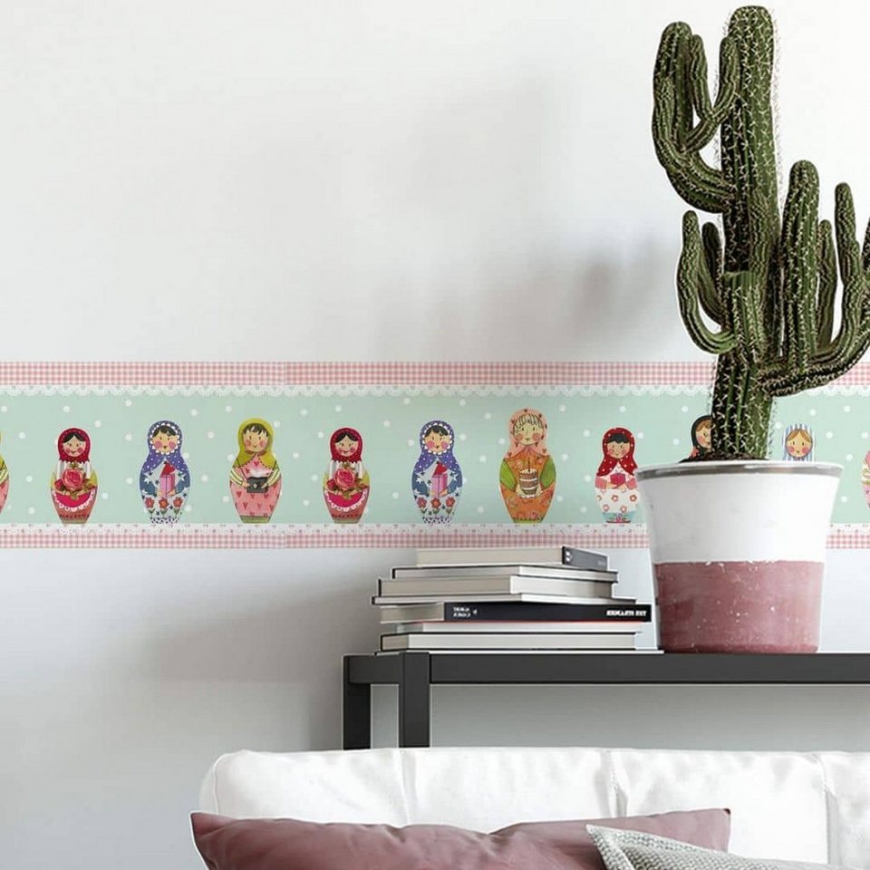 K&L Wall Art Wandtattoo Bordüre Kunstdruck Leffler Kinderzimmer bunte Omas  Matroschkas, Akzentleiste selbstklebend, entfernbar