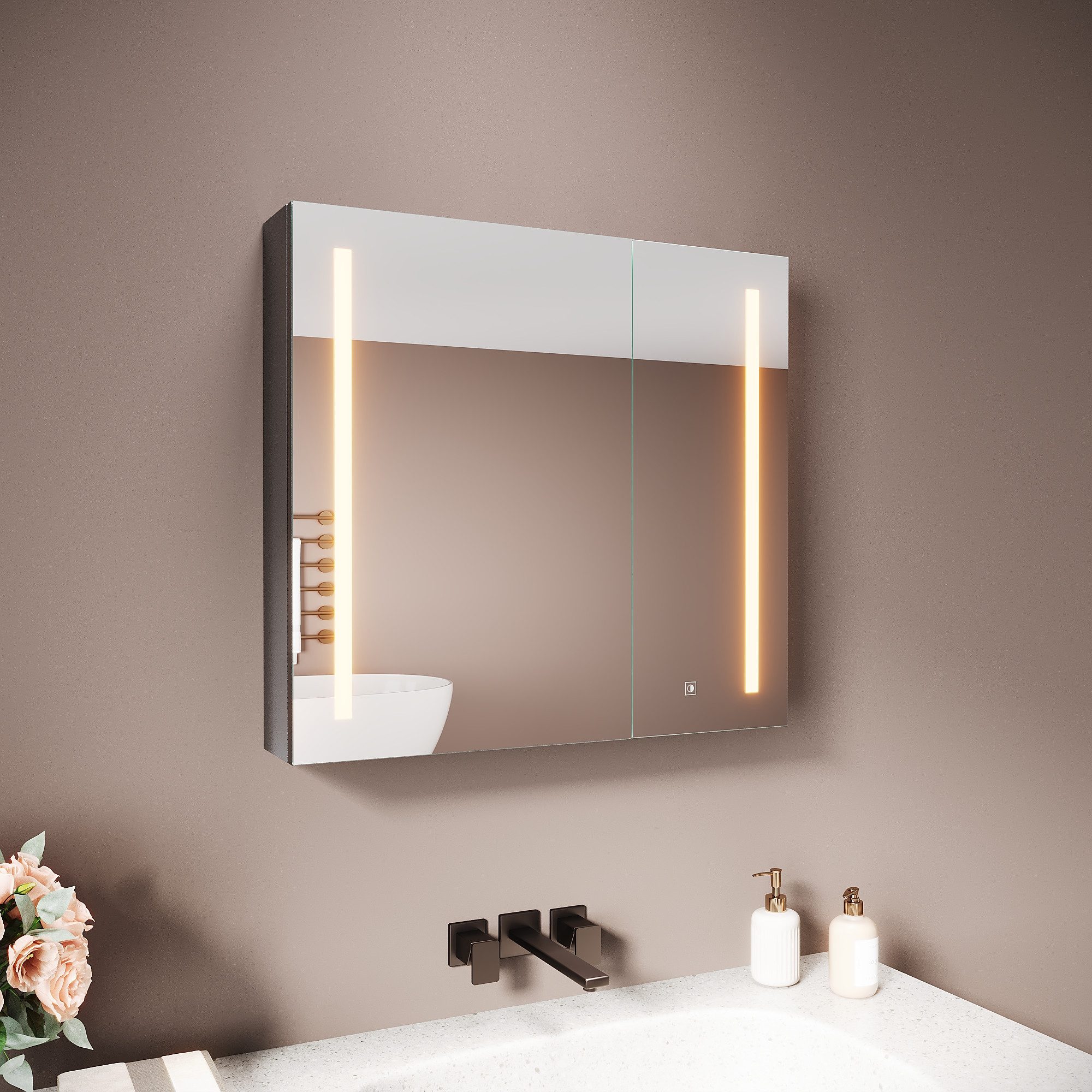 SONNI Spiegelschrank Spiegelschrank Badezimmerschrank 70×65cm Bestseller mit 3-farbiger dimmbarer Beleuchtung – Bild 2 von 5
