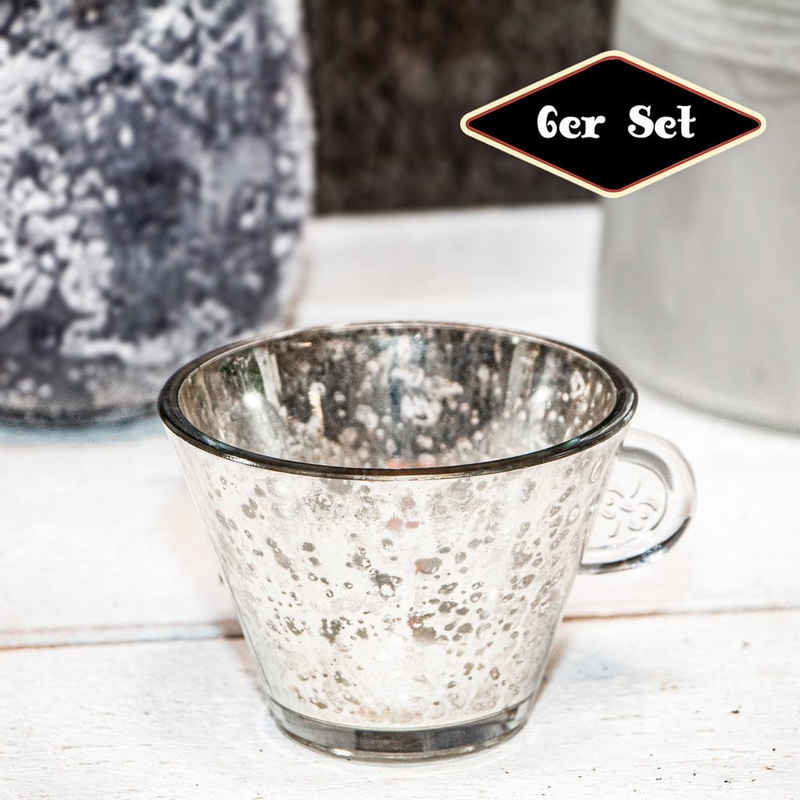 Antikas Kerzenhalter Teelichtset, 6er, Tassenform, Chabby Chic, Glas, Silber, H 7,2 x B