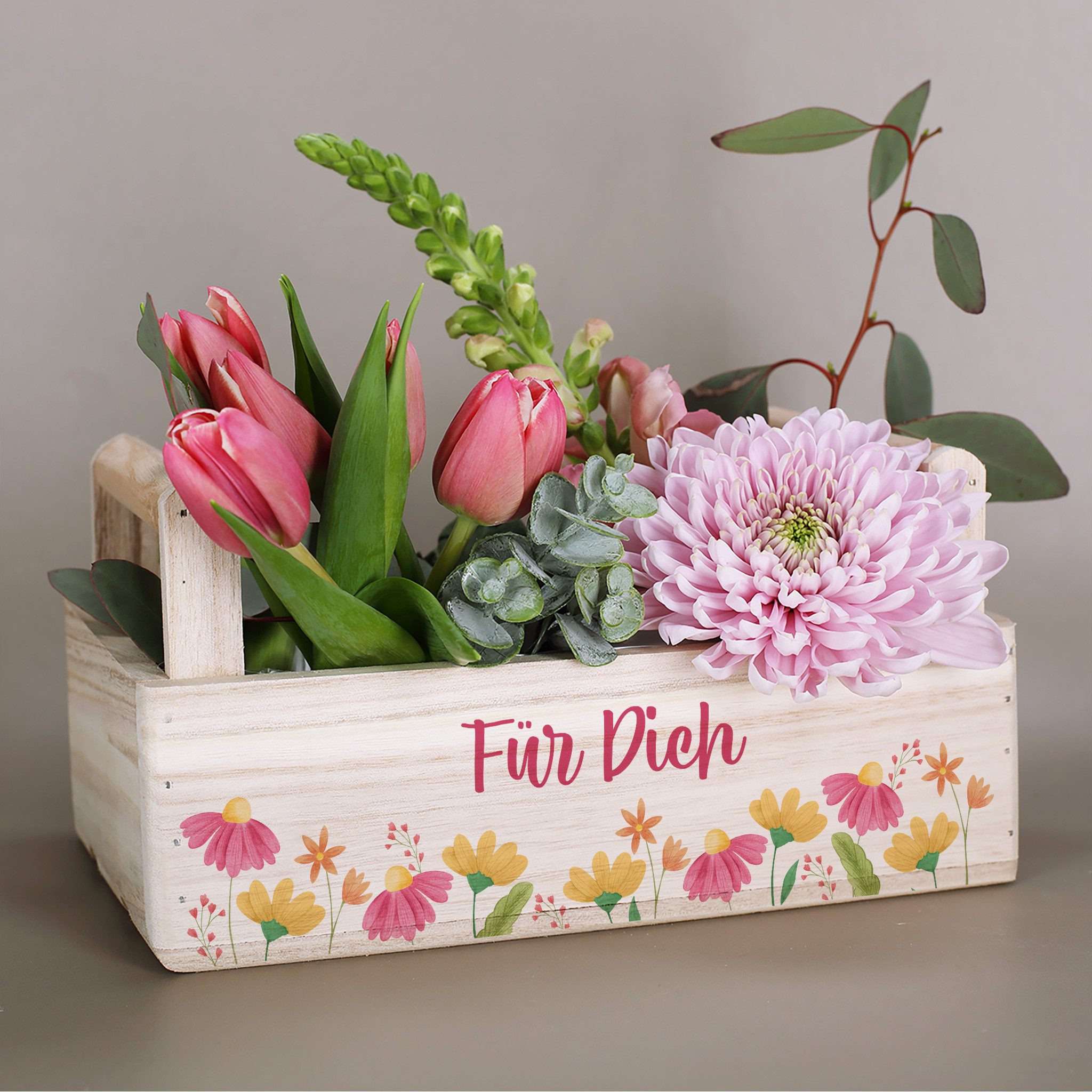 Herz & Heim Geschenkbox aus Holz - Geschenkkorb mit Blumen Motiv als Geschenkverpackung, mit Holzgriffen