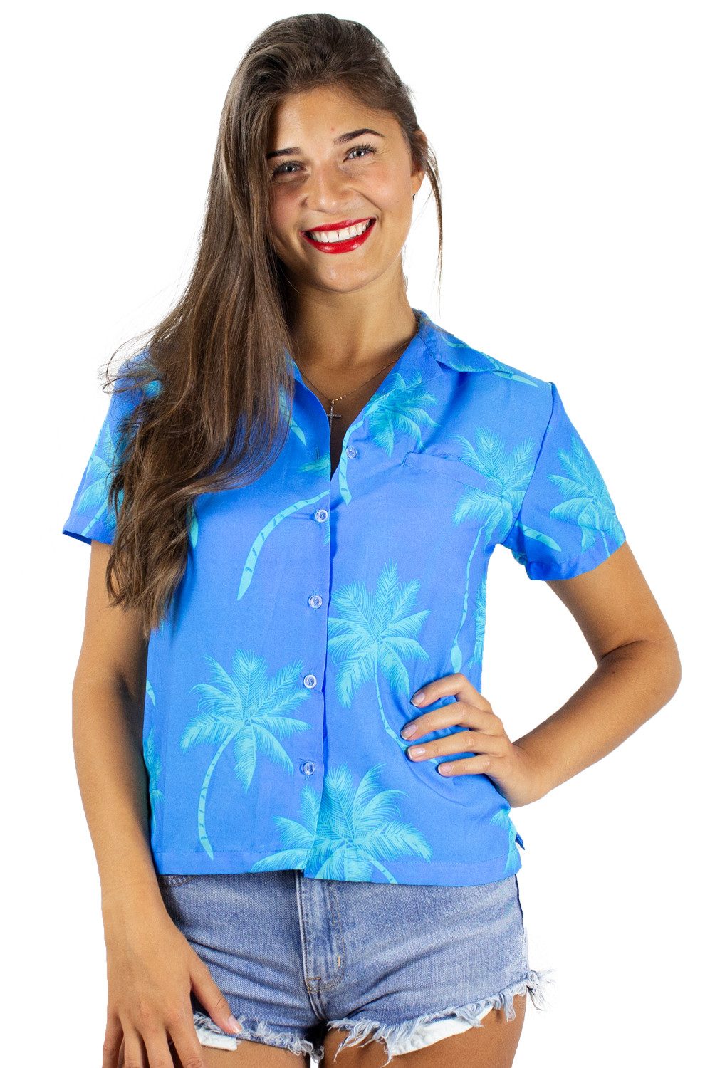 King Kameha Hawaiihemd Palmshadow Funky Hawaiibluse Damen Kurzarm Front-Tasche Stylish