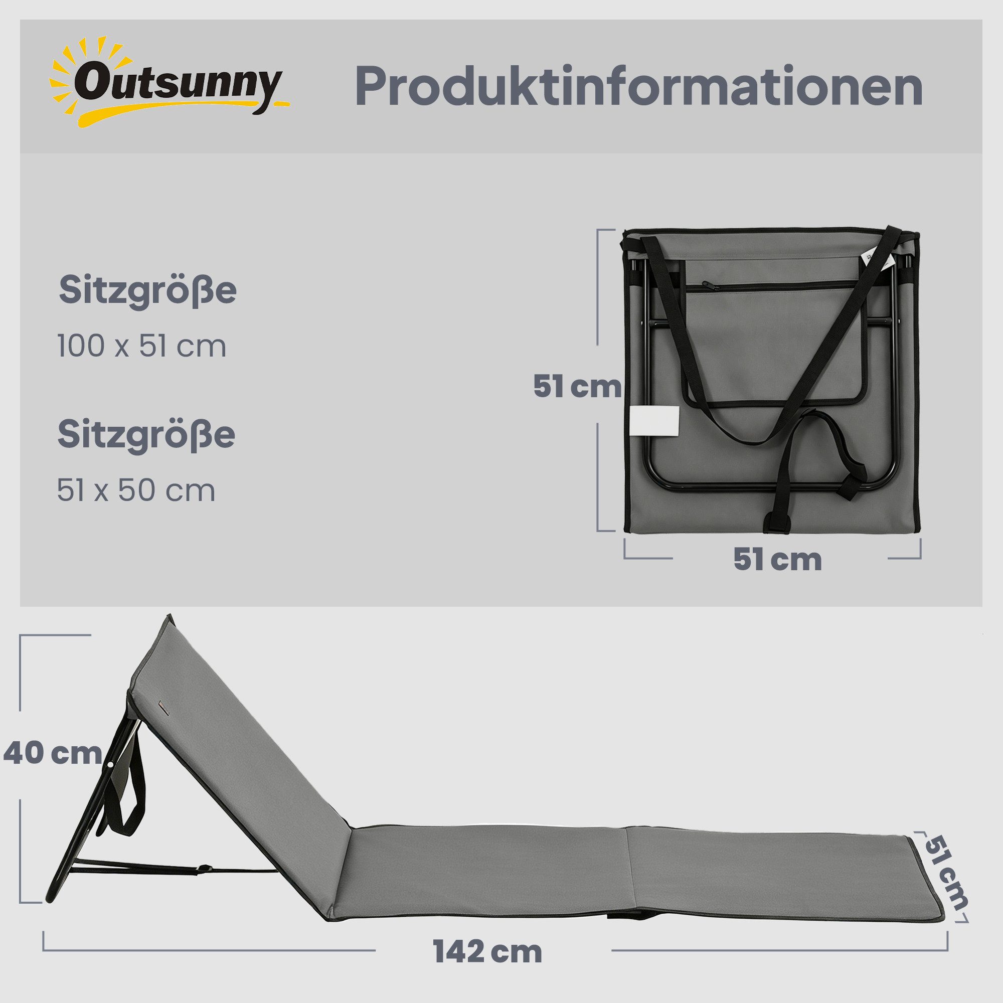Outsunny Gartenliege Liegestuhl mit verstellbare Rückenlehne, Sonnenliege, 110 kg belast, Faltbare Strandliege, 2 St., Strandmatte, Stahl, Oxford, 142 x 51 x 40 cm, Grau
