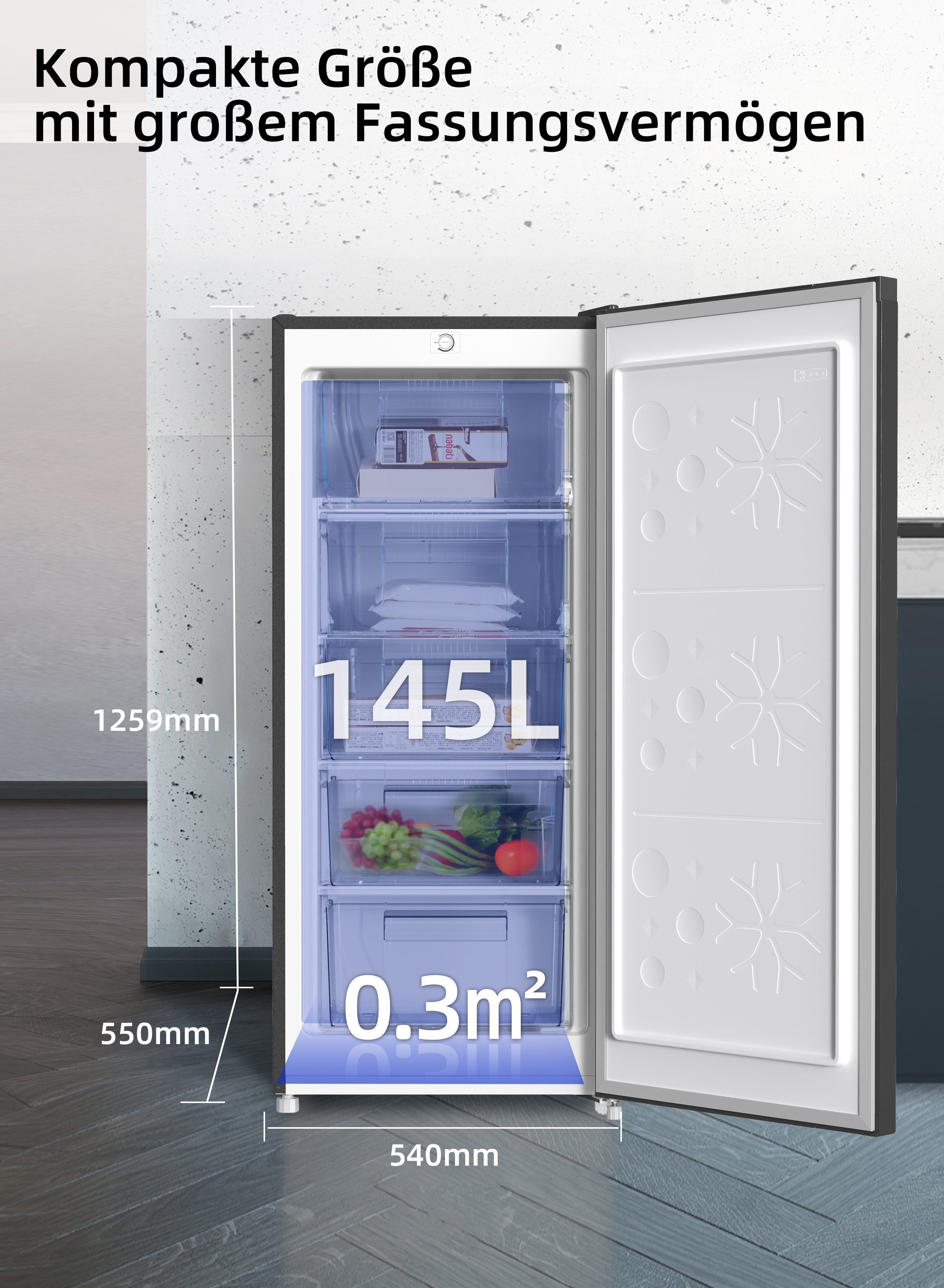 CHiQ Gefrierschrank Schneller Gefrierschrank FSD160D4E, 131 cm hoch, 54 cm breit, 4 Sterne 145L Gefrierschrank, 12 Jahre Garantie auf den Kompressor