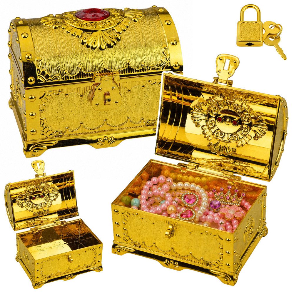 LEAN TOYS Schatzkiste Schatztruhe Piratentruhe Schmuckkiste (Spar-Set, 1 St., 14 x 11 x 12 cm robust), abschließbar, Vorhängeschloss, 2 Schlüssel, Goldoptik