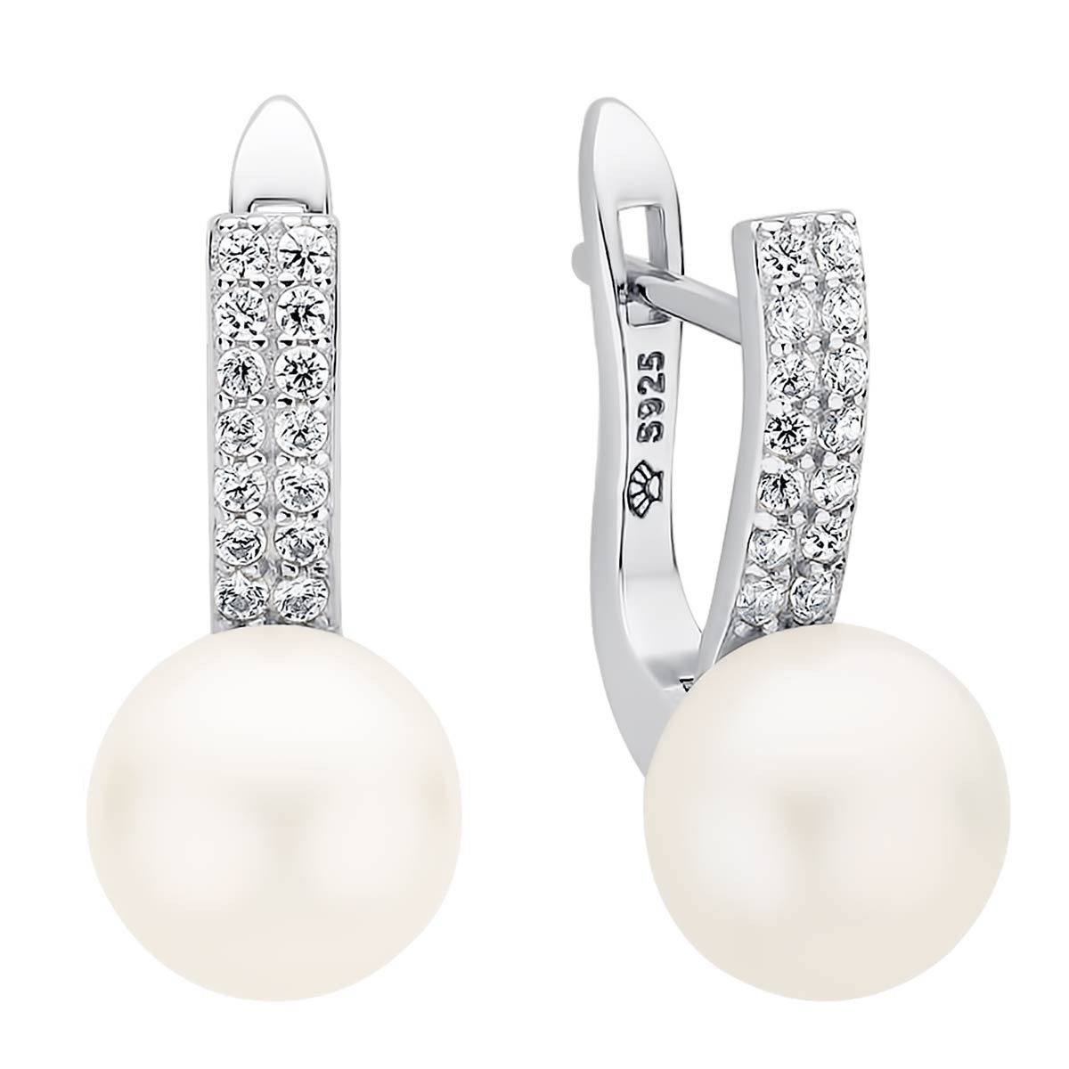 Gaura Pearls Perlenohrringe Elegant echt weiß rund 9-9.5 mm Zirkonia, Englischer Verschluss, 925er rhodiniertes Silber