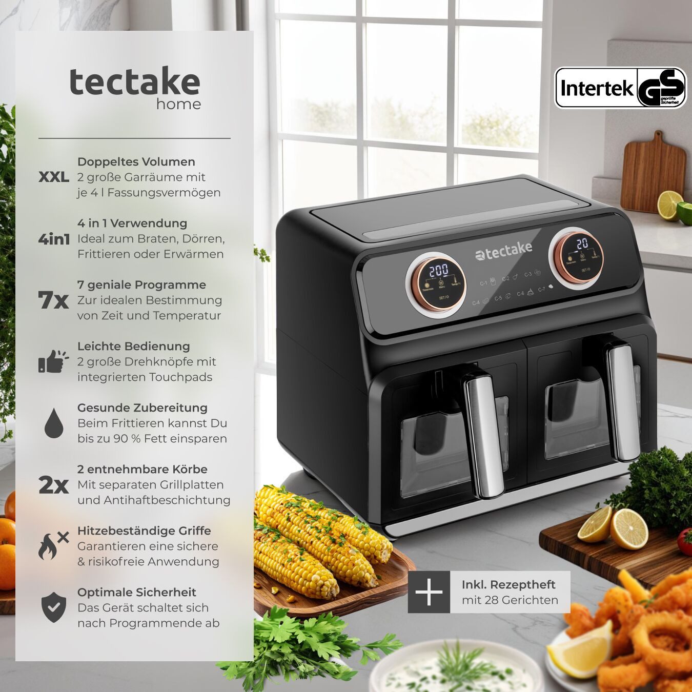 tectake Heißluftfritteuse, 2400 W, 2 Garräume, je 4 l, 2400 W, antihaftbeschichtet, inklusive Rezeptheft