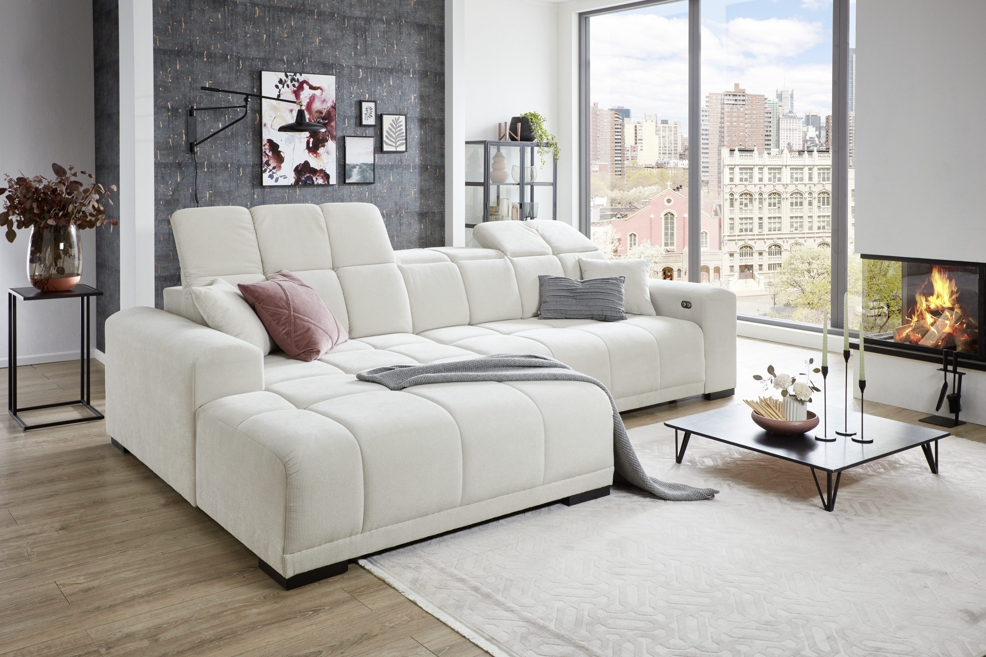 Iwaniccy Wohnlandschaft Kopfteilverstellung, Sitzverstellung, creme - 301x113x195cm (BxHxT)