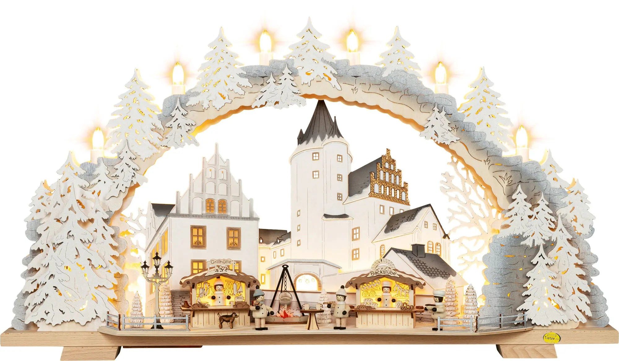 Tietze Erzgebirgsdesign LED Schwibbogen variabel, Schlossweihnacht beschneit, 70x39x12 cm (BxHxT)