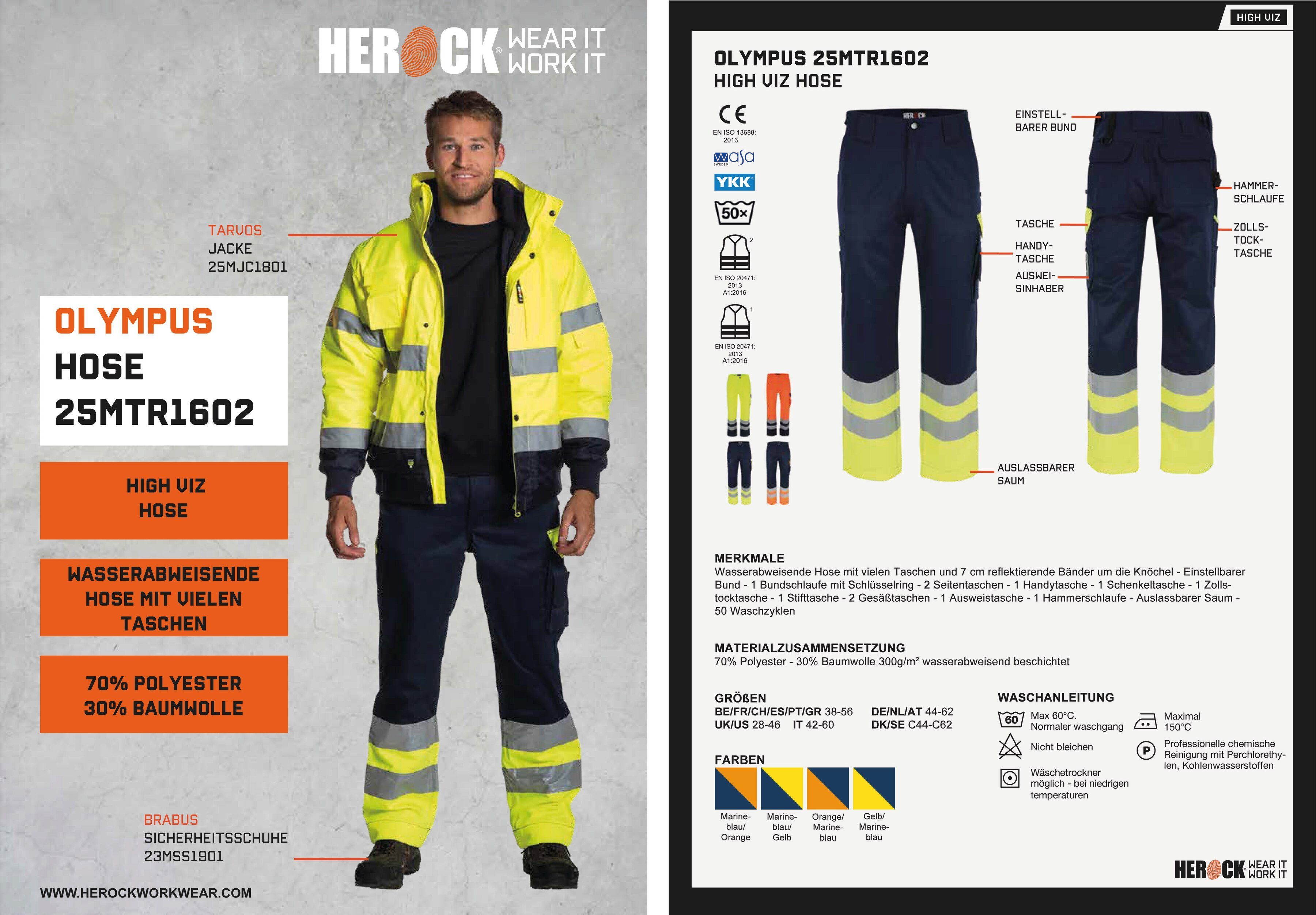 Herock Arbeitshose marine-neongelb Olympus verstellbarer Hochsichtbar Wasserabweisend, Taschen, Hose 2 Schlaufen, viele Bund