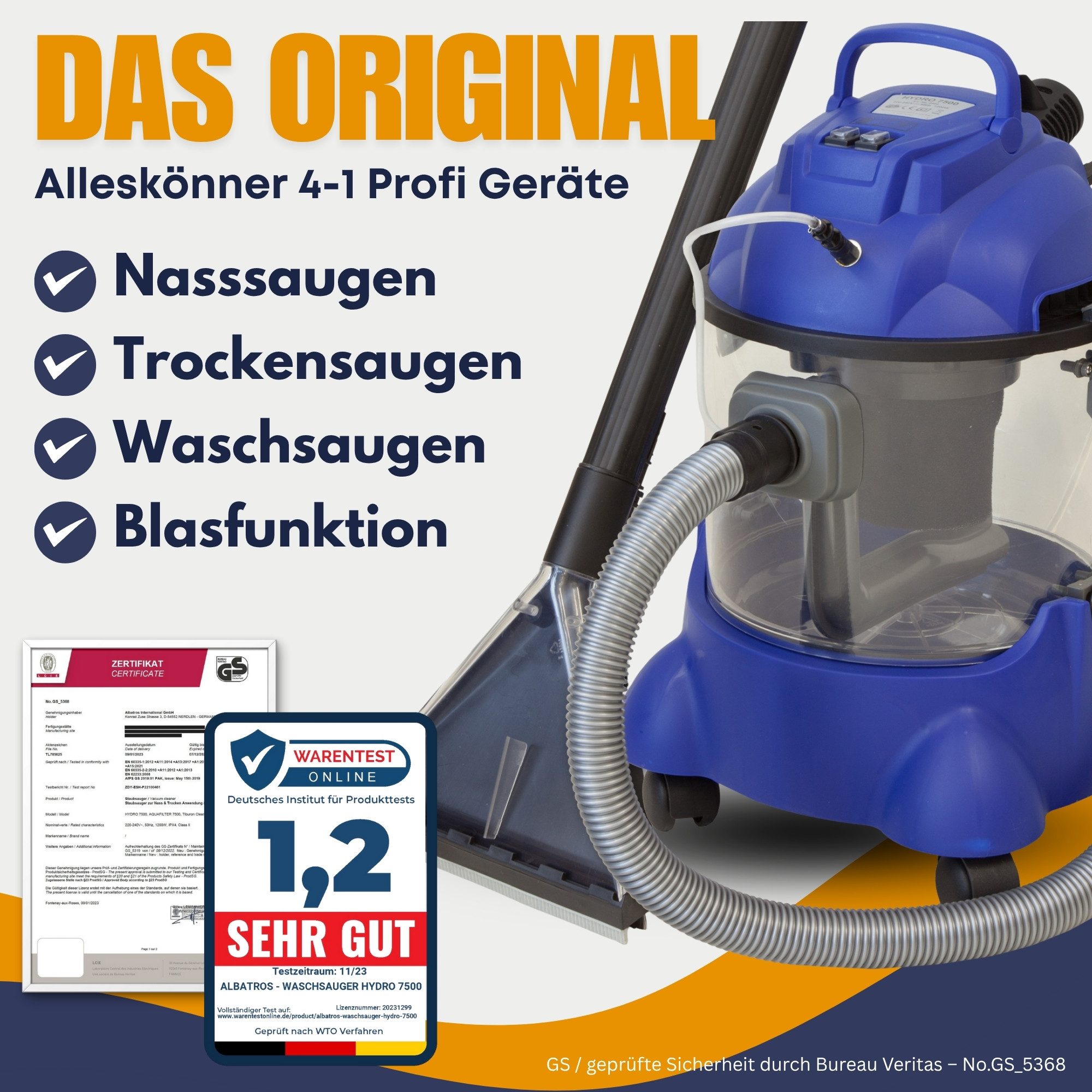Albatros International Teppichreinigungsgerät Waschsauger Polsterreiniger HYDRO 7500 - 4in1, 1200 W, Polster-Reiniger Auto - 1200 W, 20l Volumen, 22 kPa Saugleistung