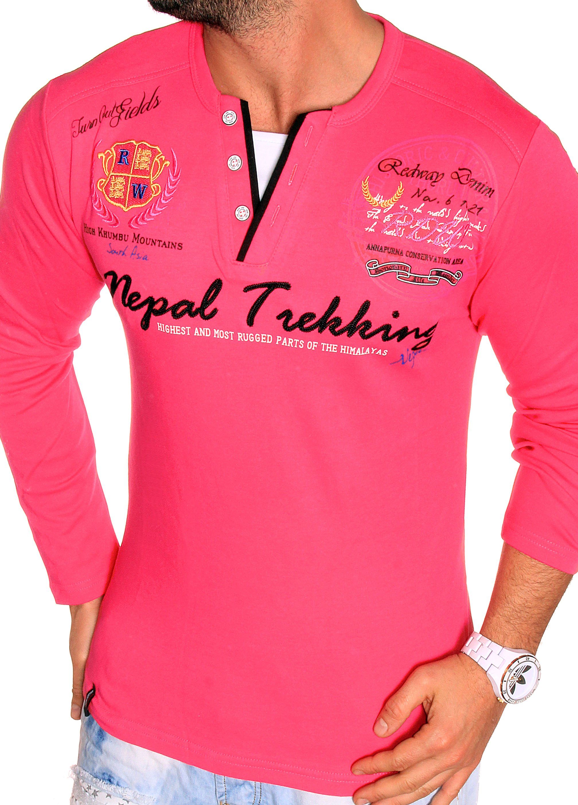 Herren Longsleeve 2-in-1-Langarmshirt V-Neck (7137) Pink V-Kragen Violento Pulli Henley Langarmshirt Sweatshirt